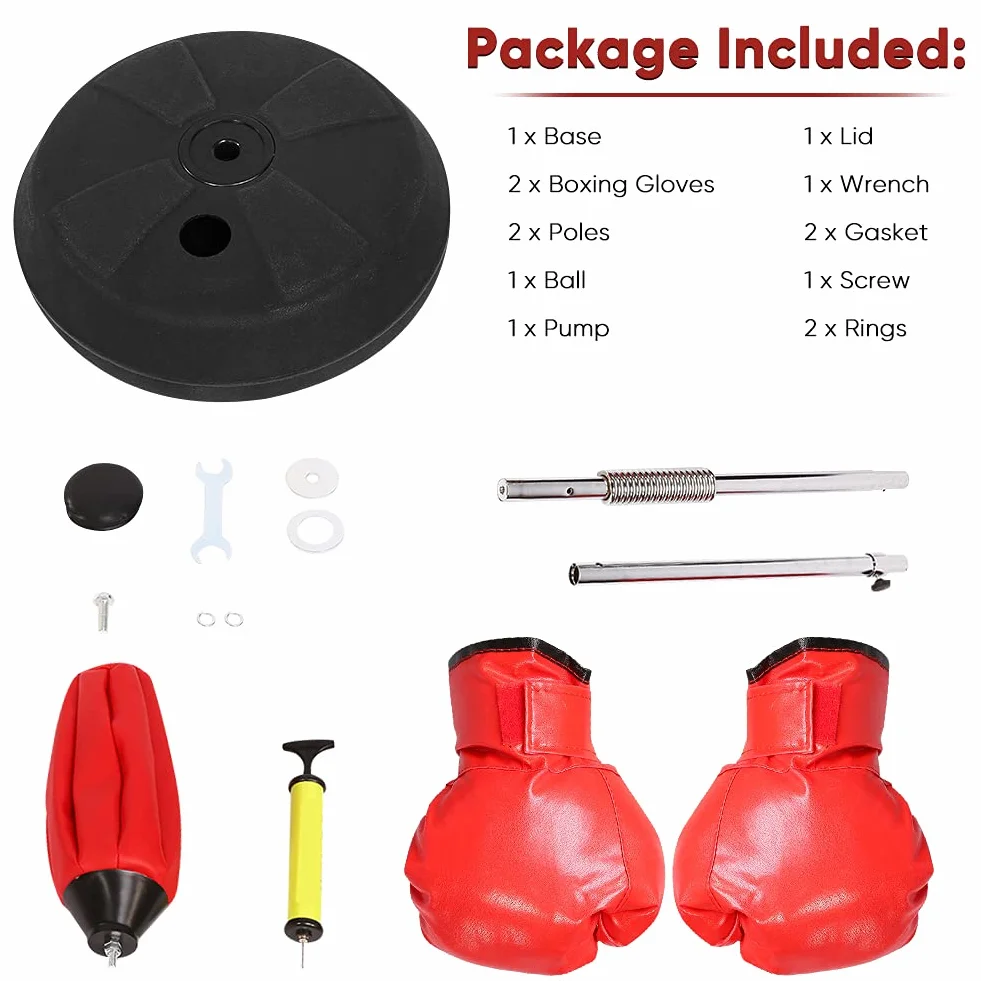 Set de Boxeo de pie para Adultos, con Guantes, Punching, Altura Ajustable 120-150 cm, Color Rojo, Adecuado para el Uso Profesional en el Gimnasio y en casa
