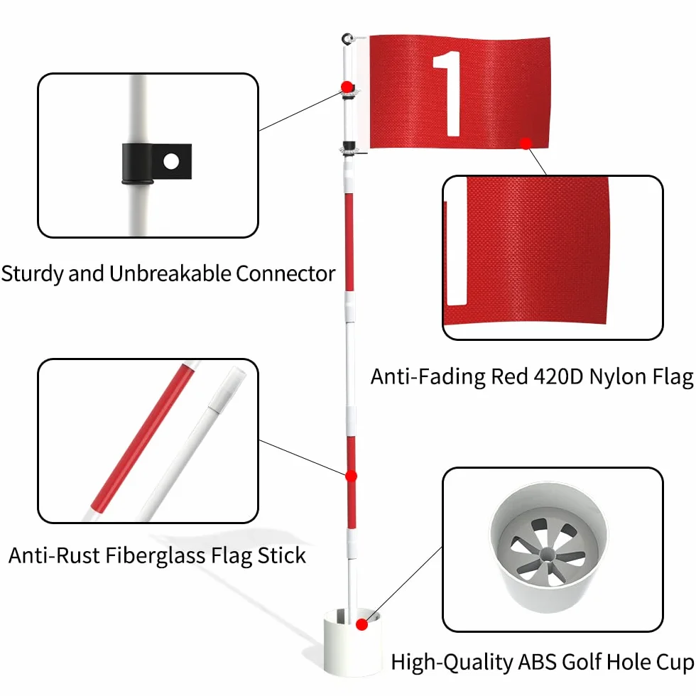 THIODOON Bandera de golf de 6 pies, taza y bandera desmontables para hoyos de golf para campo de prácticas, fibra de vidrio antioxidante, con conectores (juego de asta de bandera, paquete de 2)