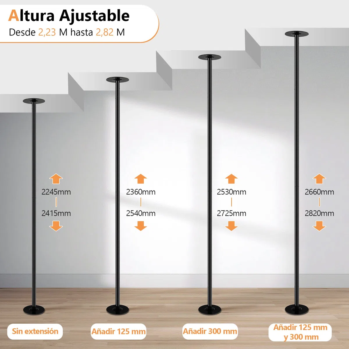 COSTWAY Barra de Baile Profesional Estática y Giratoria Pole Dance de 45 mm Altura Ajustable de 2,23 m a 2,82 m para Hogar Club hasta 200 kg