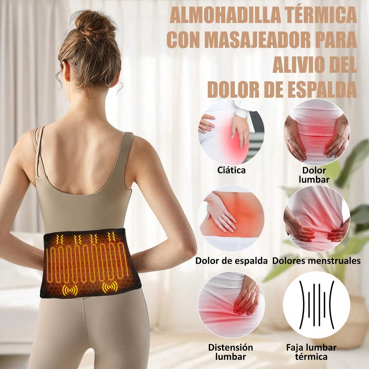 Cinturón térmico de masaje para el dolor de espalda con batería de 10000 mAh, correa ajustable de 150 cm, vibración, 3 modos y 3 intensidades, temporizador
