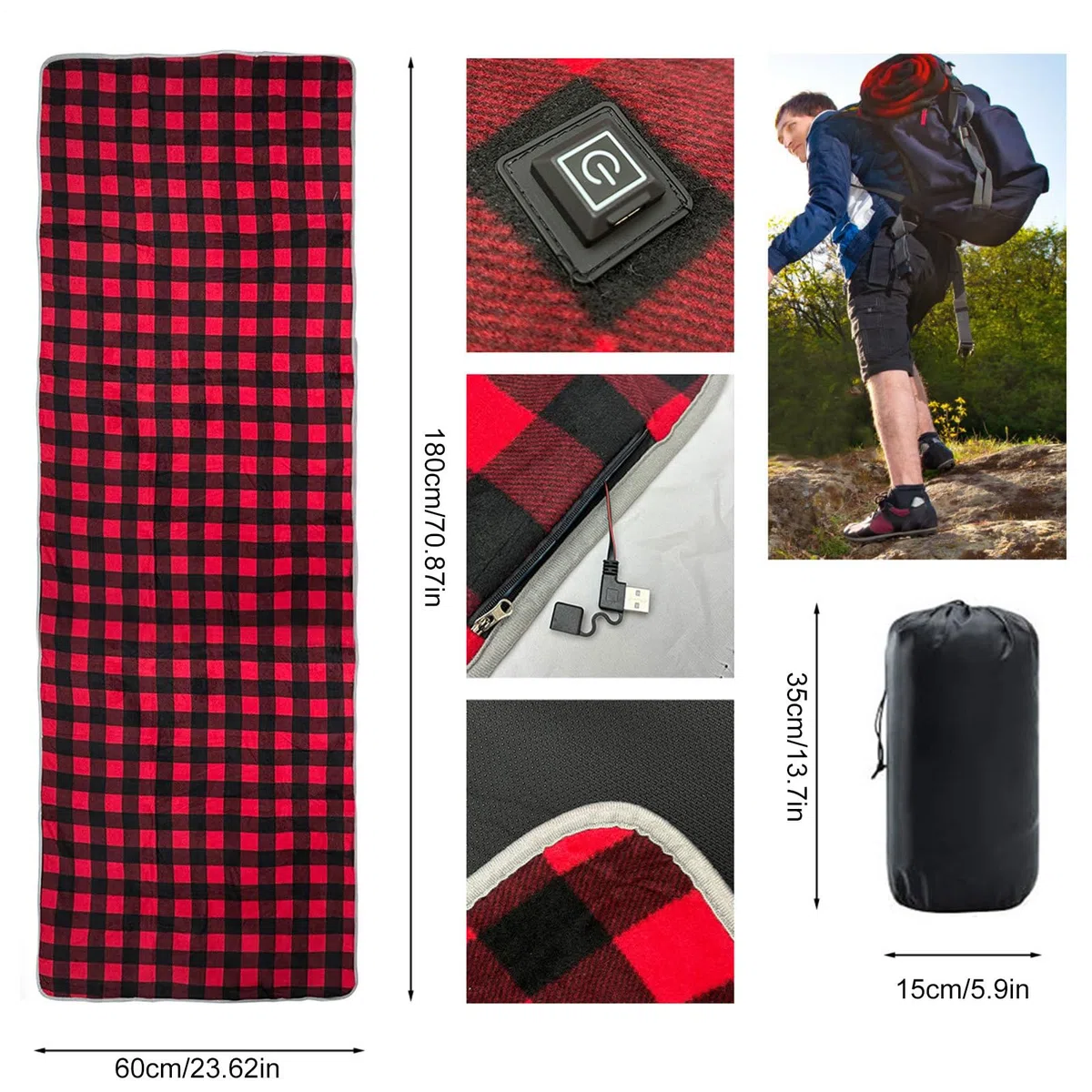 Almohadilla Térmica Para Saco De Dormir Camping - Manta Térmica 3 Niveles Ajustables 5 Zonas De Calor - Almohadilla USB para Camping - Para Clima Frío Tienda Senderismo Mochilero