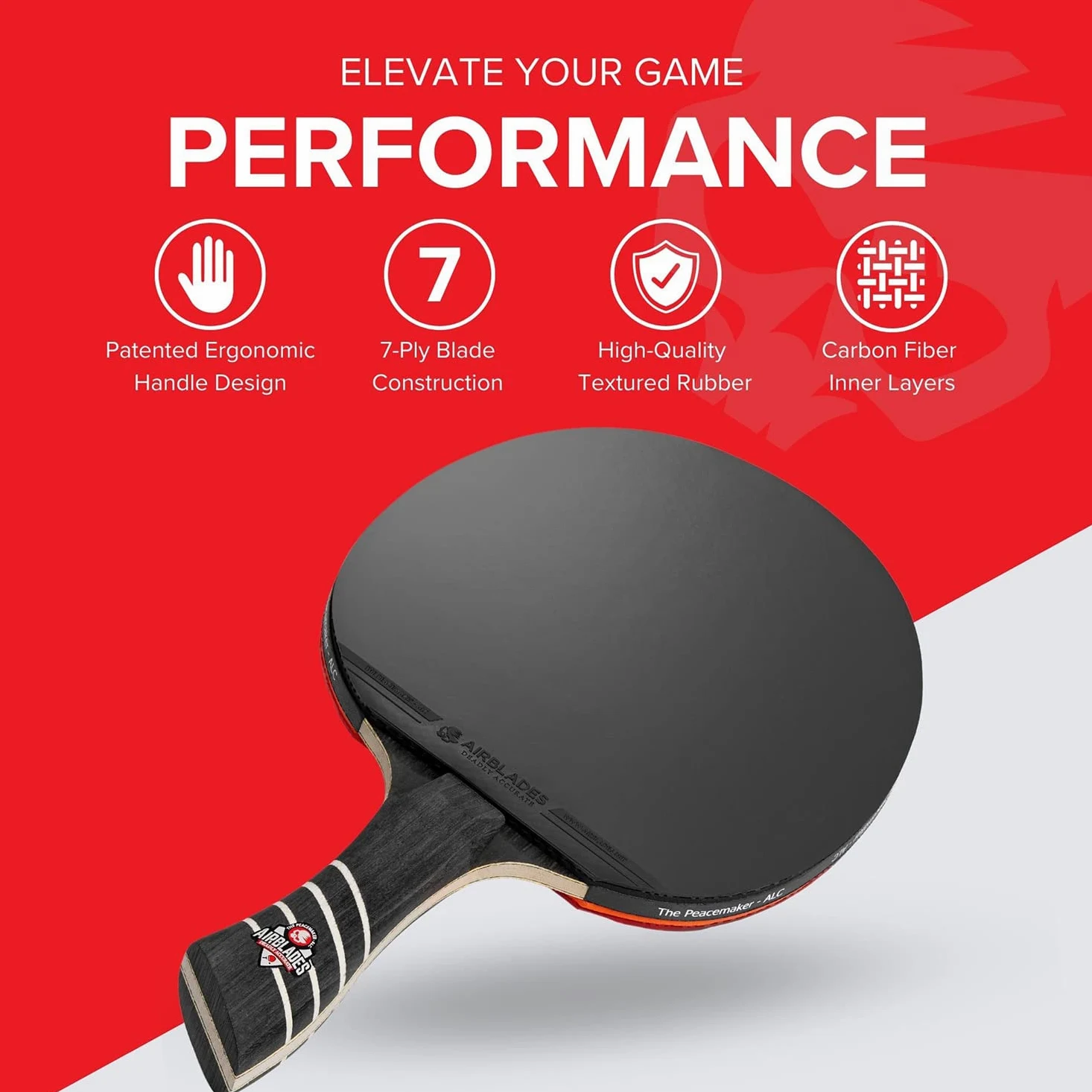 The Peace Maker ALC - Pala de tenis de mesa profesional de fibra de carbono que produce la máxima rotación y control para todos los niveles, carcasa rígida y mango ergonómico.