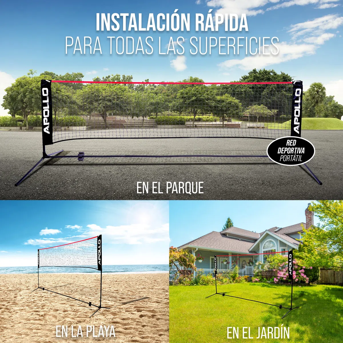 Apollo Red de Voleibol | 300cm, 400cm, 500cm | Red de Bádminton Regulable en Altura en 3 Posiciones | Red de Tenis Incluye Estructura de Hierro Estable y Bolsa de Transporte