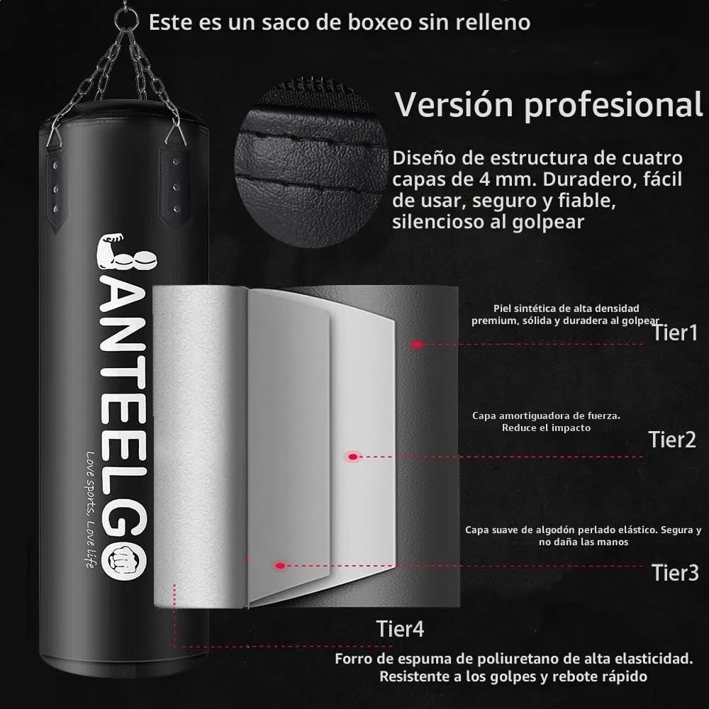 Saco de Boxeo Sospeso e Saco Boxeo Adulto Sin Relleno JanTeelGO 100 cm Materiale PU con Catena di Montaggio e Gancio a Soffitto Uomo Donna Adolescenti Bambino MMA Kick Boxing Muay Thai Karate