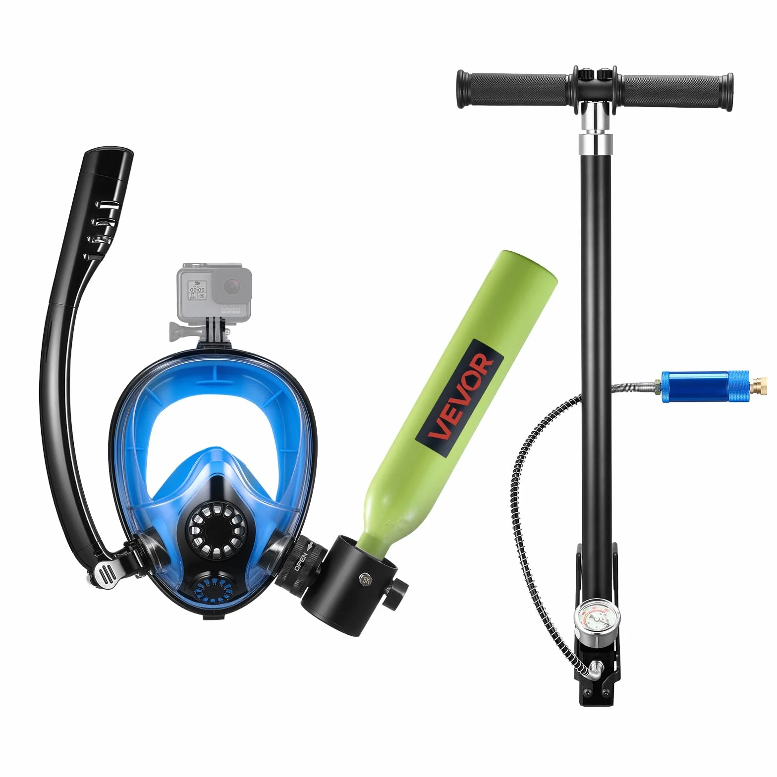 VEVOR Mini Botella de Buceo de 0,5 L, Juego de Tanque de Buceo Portátil con Máscara de Snorkel y Bomba Manual, Tiempo de Inmersión de 5 a 10 Minutos, Bombona de Oxígeno Recargable, para Bucear Rescate