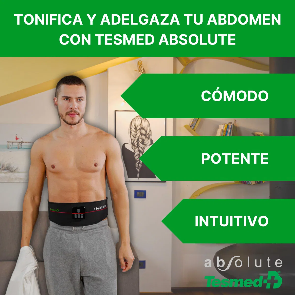 TESMED Absolute: Cinturón para Electroestimulación de Abdominales Centrales y Laterales - Recargable por USB, 99 Intensidades - Inalámbrico, Unisex