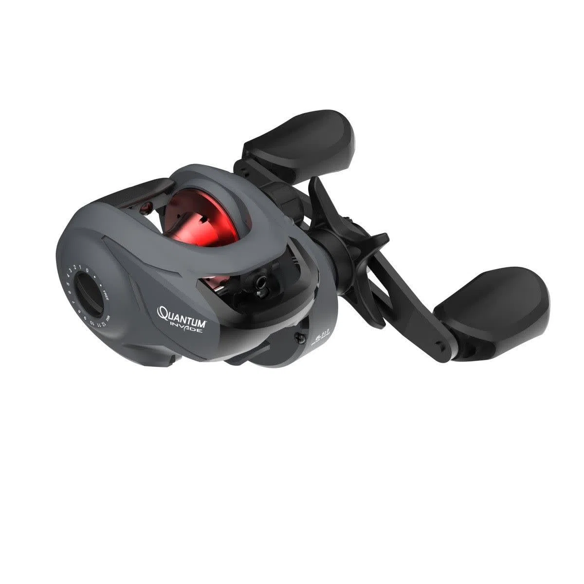 Quantum Invade - Carrete de Pesca Baitcast, Control de fundición DynaMag, 5 rodamientos (4 + Embrague antirretroceso Continuo) y diseño de piñón de Cero fricción, Gris/Rojo