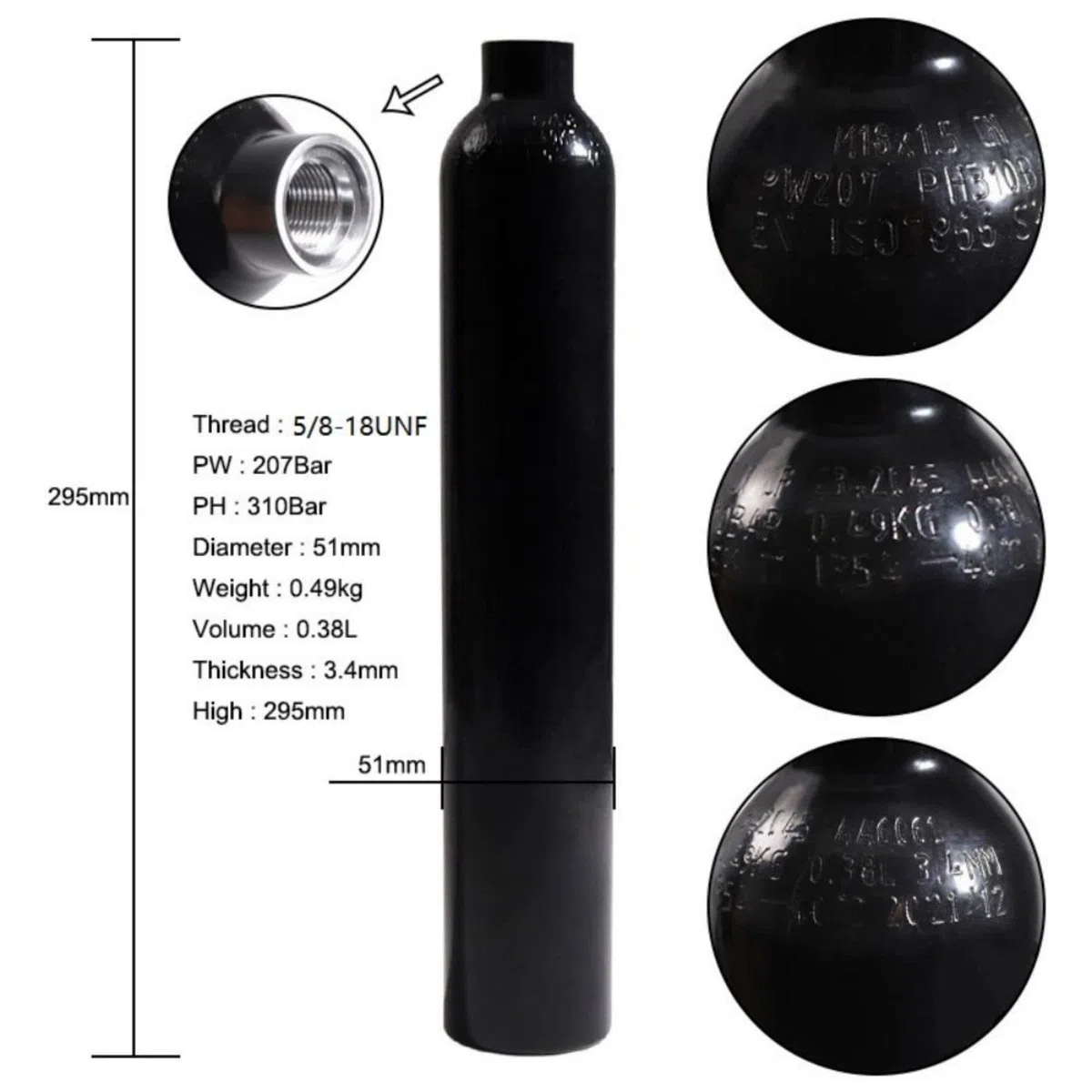 TUXING 4500Psi/300Bar PCP Paintball Tanque 0.38L 4500psi CE Aprobado Cilindro de Aluminio con Paintball Regulador Válvula Regulador Manómetro Presión de Salida:2200psi-5/8-18UNF