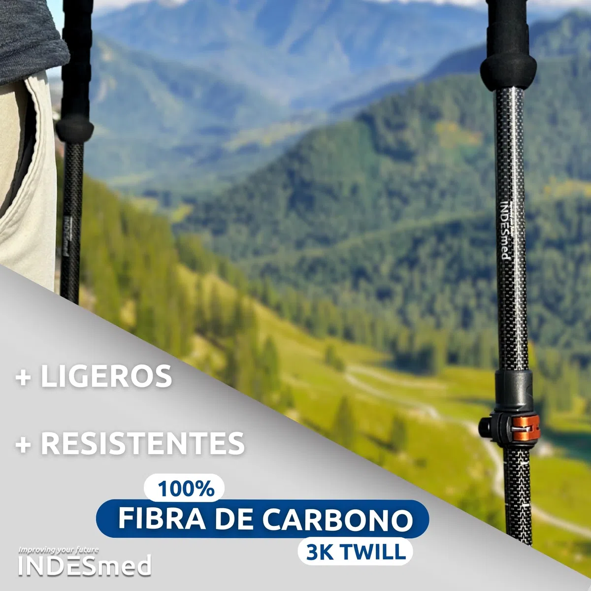 INDESmed | Bastones de Trekking 100% Fibra de Carbono – Ultraligeros, Telescópicos y Ajustables con Cierre Metálico Rápido | Bastones de Senderismo para Montaña, Trail Running y Nordic Walking