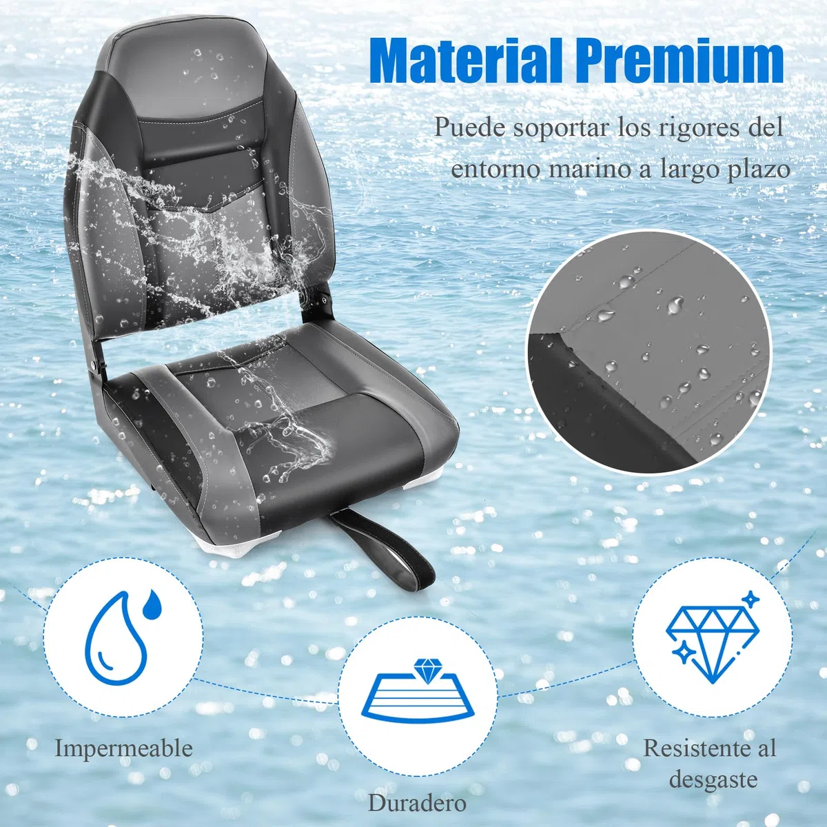 GOPLUS Asiento de Barco, Asiento de Pesca Plegable con Cojín Acolchado Suave y Costuras Reforzadas, Diseño Ergonómico, 115KG de Capacidad para Pesca en Yate (Negro)