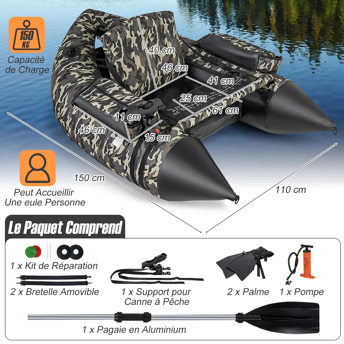GOPLUS Barco de Pesca Inflable, Barca Hinchable con Respaldo y Correas Ajustables, Bomba Manual, Remo, Aletas, Soporte para Caña de Pescar, Regla de Peces, Almacenamiento, Carga 150 KG, Camuflaje