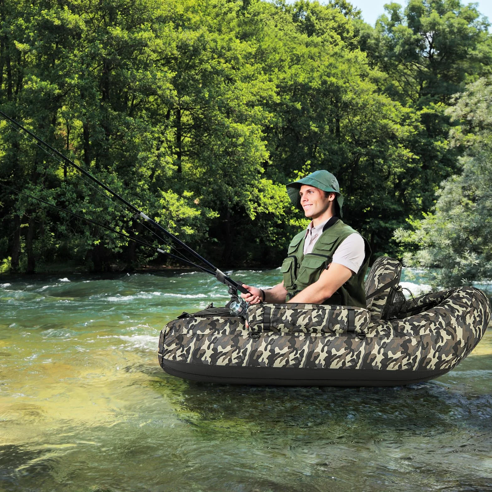 COSTWAY Barco de Pesca Inflable, Kayak Hinchable con 2 Aletas, Bomba Manual, Regla para Peces, Soporte para Caña y Respaldo Ajustable, Bote de Pesca Portátil de 150 Kg para Adultos, Camuflaje