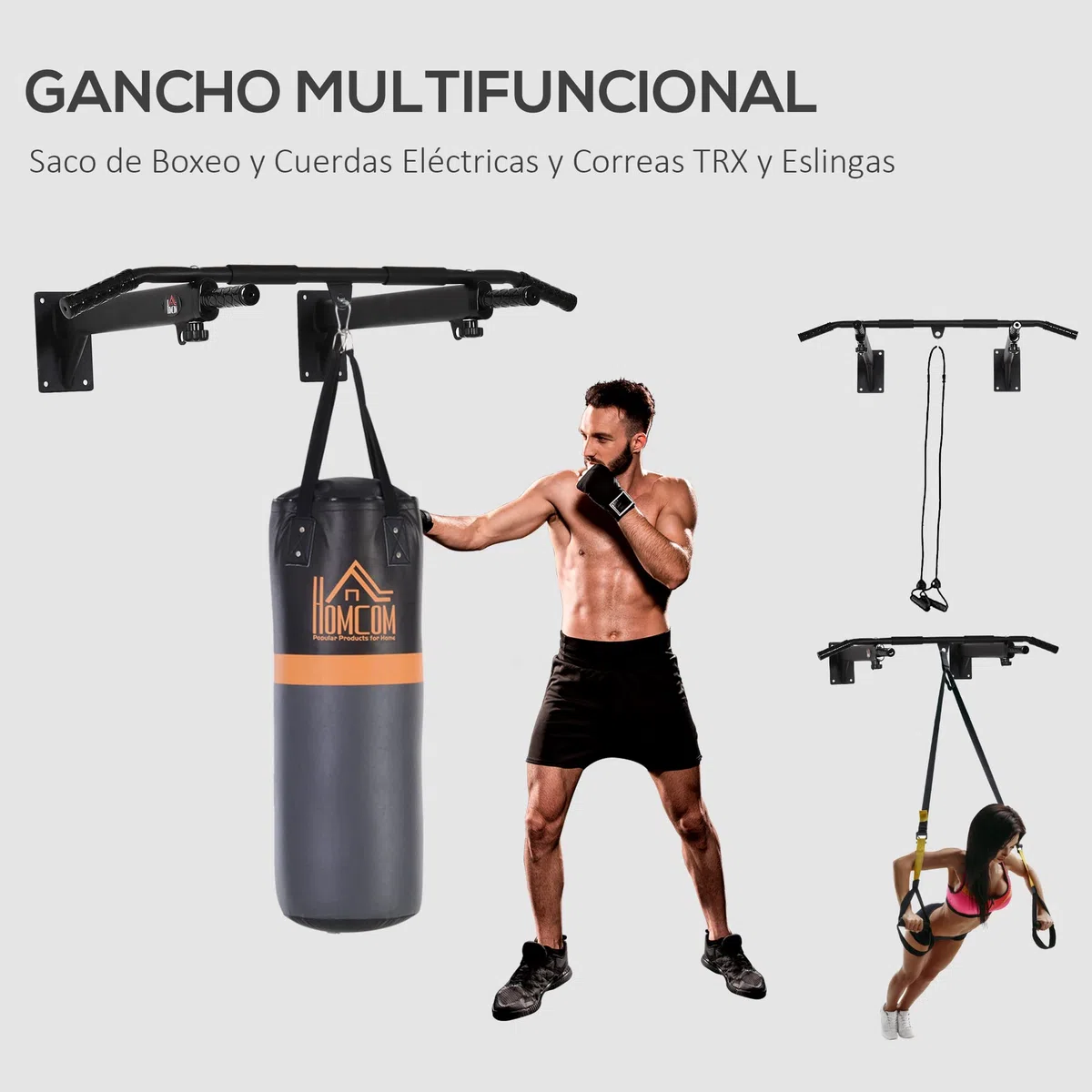 HOMCOM Barras de Dominadas para Pared Colgador de Saco de Boxeo 2 en 1 Entrenamiento Muscular Pull Up para Casa Carga Máxima 150 kg Negro