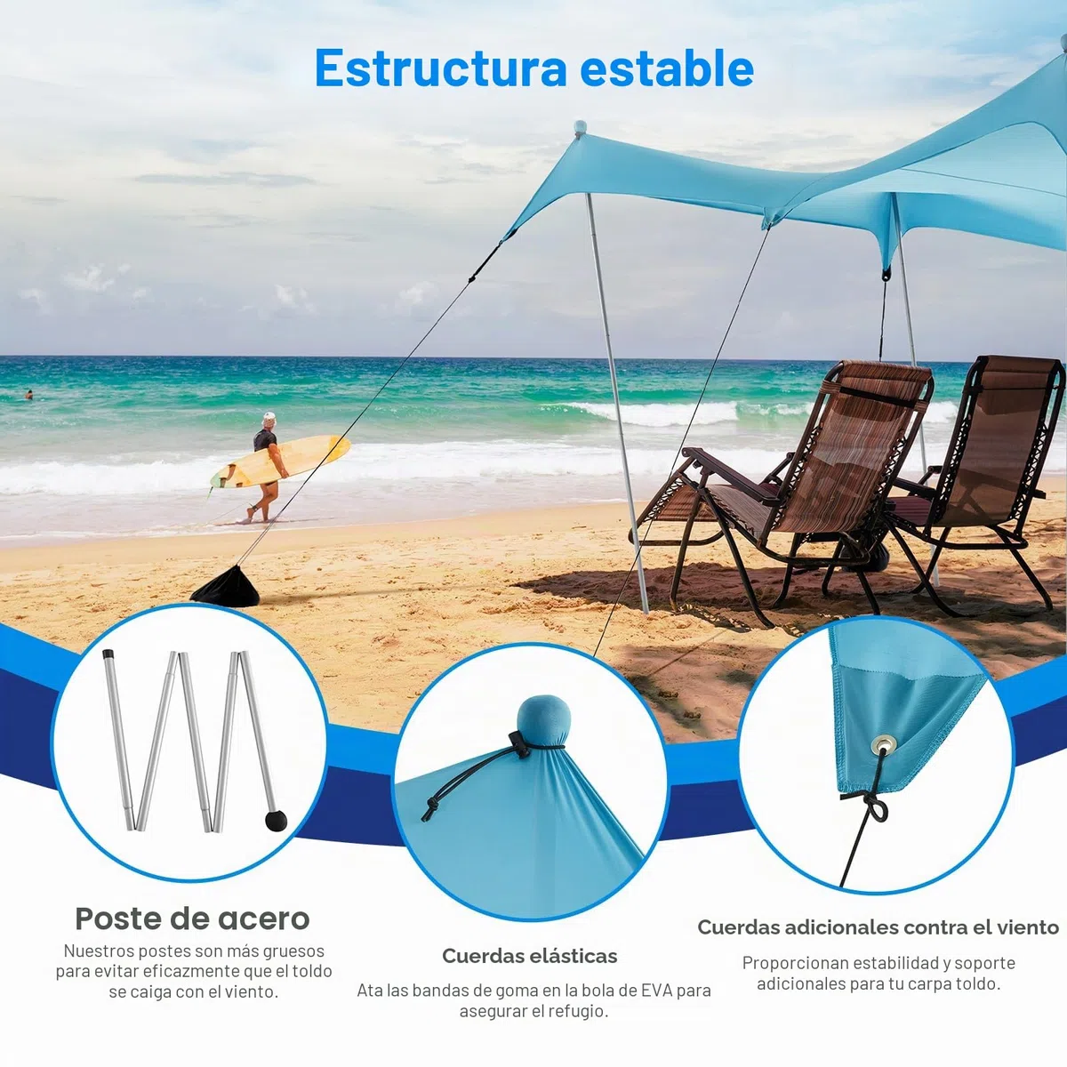 WolfWise UPF50+ Carpa de Playa con protección Solar, sombrilla para 2-6 Personas, fácil configuración, Resistente al Viento y Agua, toldo de Playa Azul