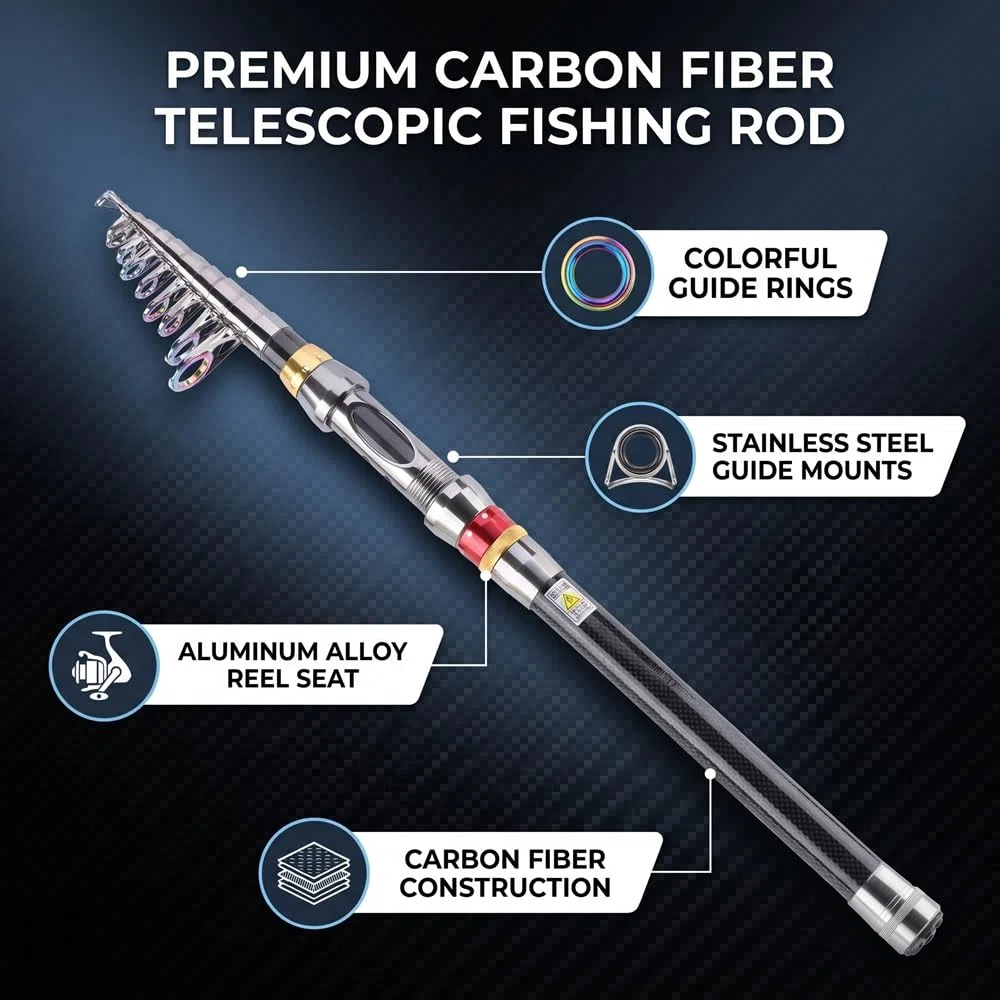Cocoarm Caña de Pescar Telescópica Fibra de Carbono Portátil Super Light Pistol Grip Caña de Pescar Bass 2.1/2.7/3.0/3.6m para Viajes de Agua Salada Y Agua