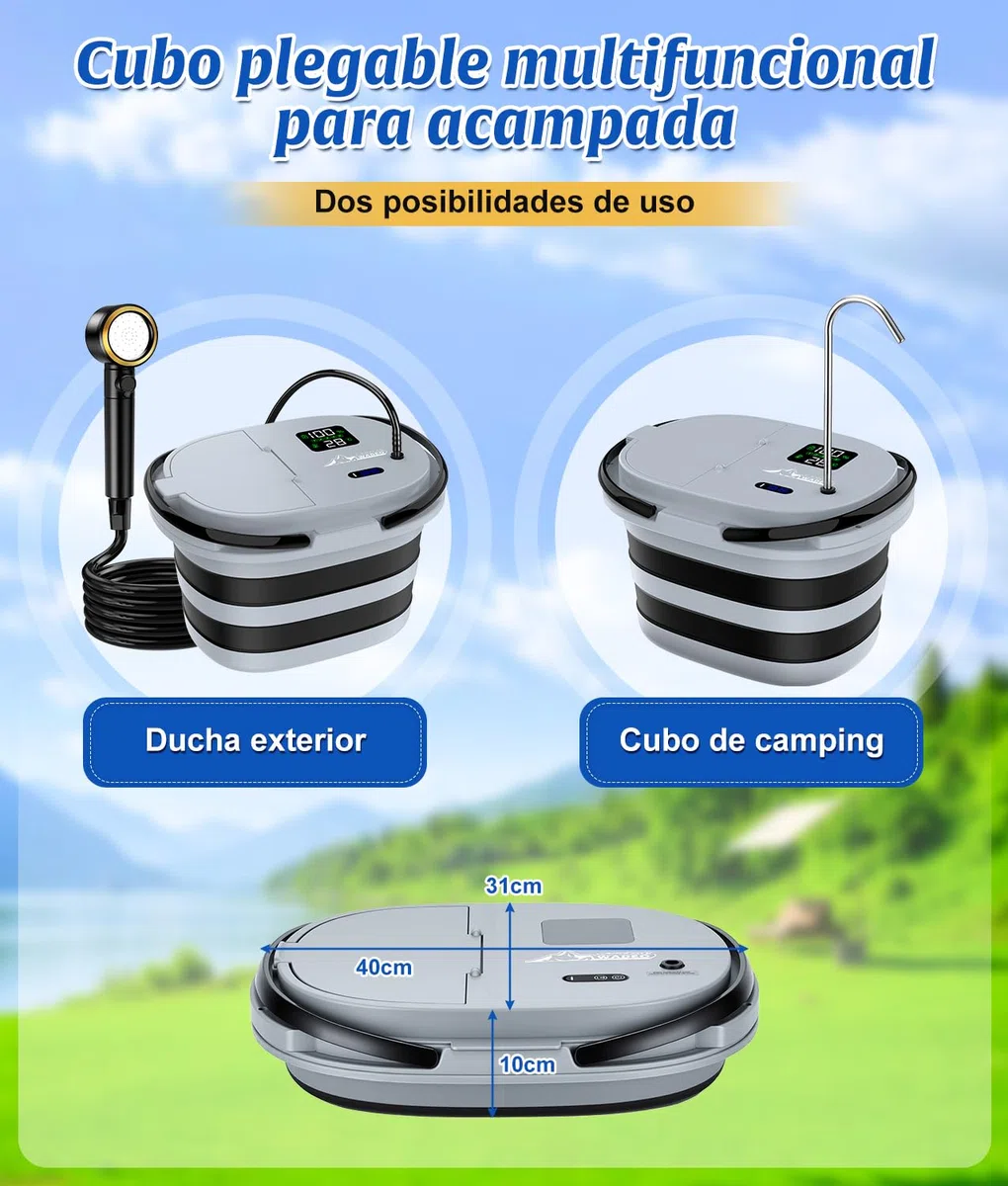 WADEO 2026 Nueva Ducha de Camping con Bomba integrada [13 000 mAh] y Cubo de Agua Plegable, 5 Niveles de Velocidad y 4 Tipos de Chorro, para Acampada, Autocaravana, Mascotas, Playa y jardín