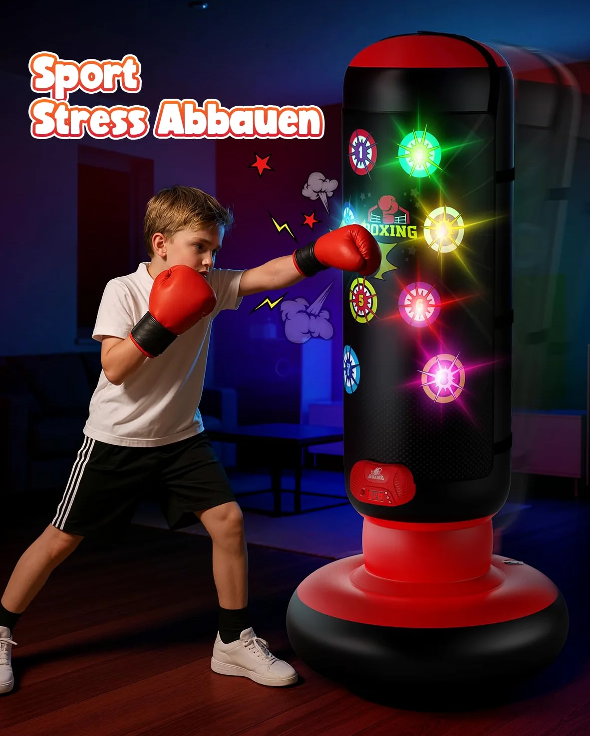 Saco de boxeo para niños, saco de boxeo de pie con música y luz, saco de boxeo interactivo, saco de boxeo hinchable con guante de boxeo, regalos para 6, 7, 8, 9, 10, 11, 12 años, niños, 2026