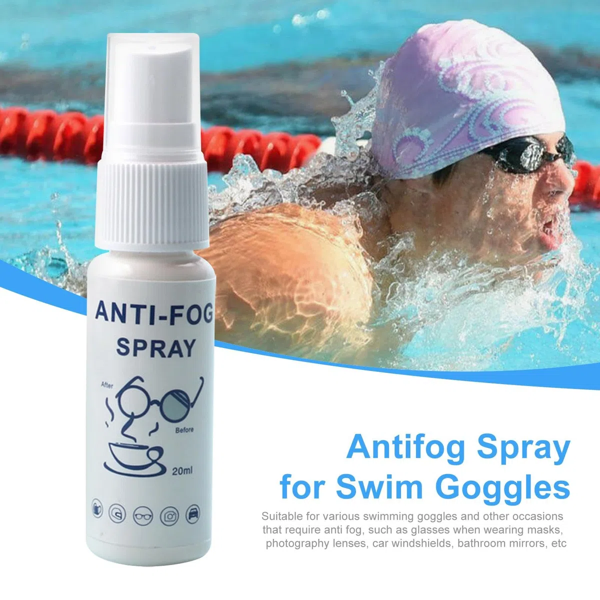 Spray antivaho para gafas de esquí, antivaho para gafas, 20 ml, antiempañamiento para gafas, duradero, sin rayas, para todos los cristales de coche, gafas de natación