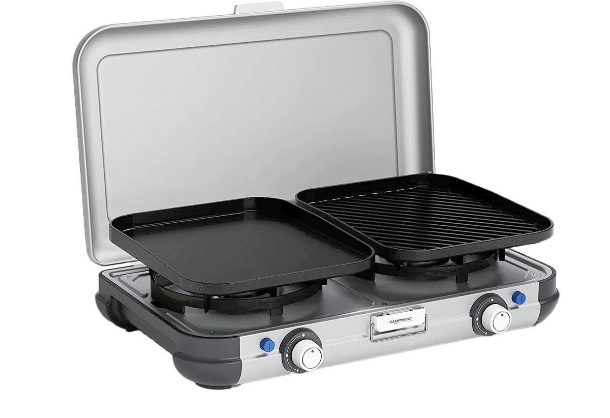 Campingaz Camping Kitchen 2 Grill & Go CV | Cocina Camping de gas, 2 fuegos, funciona con cartucho gas, 3,600 vatios, cocina cartucho con 2 placas de cocción regulables de forma continua