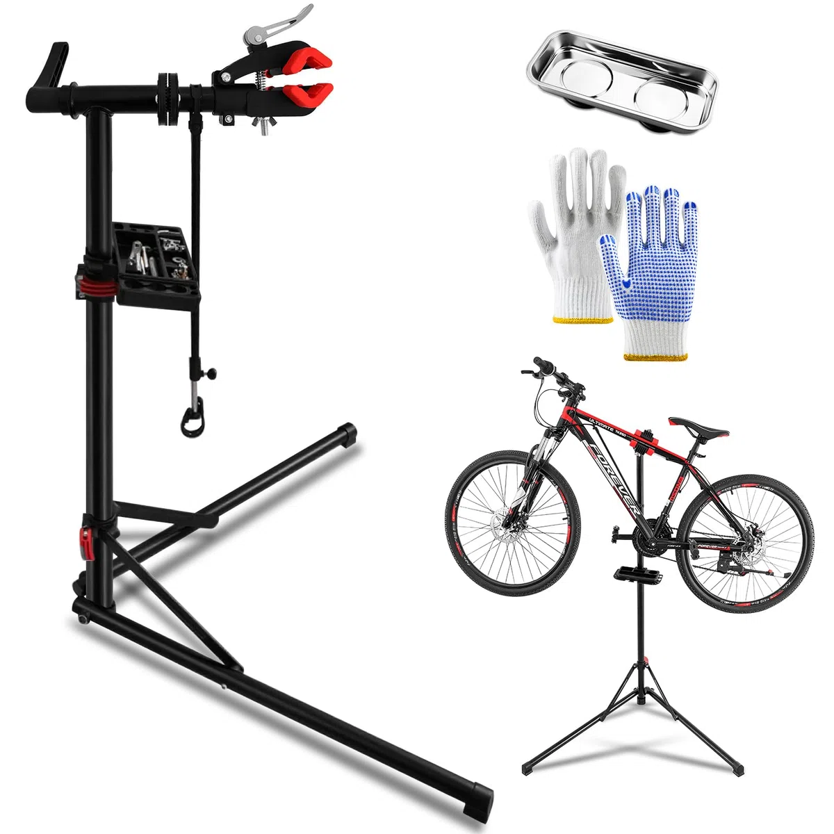 Soporte de reparación de bicicletas resistente con bandeja magnética para herramientas y guantes, estante plegable de mantenimiento de bicicletas de 50 kg con abrazadera giratoria de 360°
