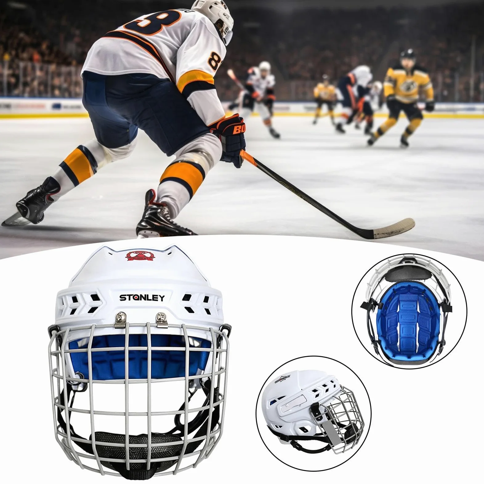 Harilla Casco de Hockey, Casco para Patín de Ruedas Profesional con Correa para La Barbilla, Casco para Patinar sobre Hielo para Práctica de Hockey en Tierras