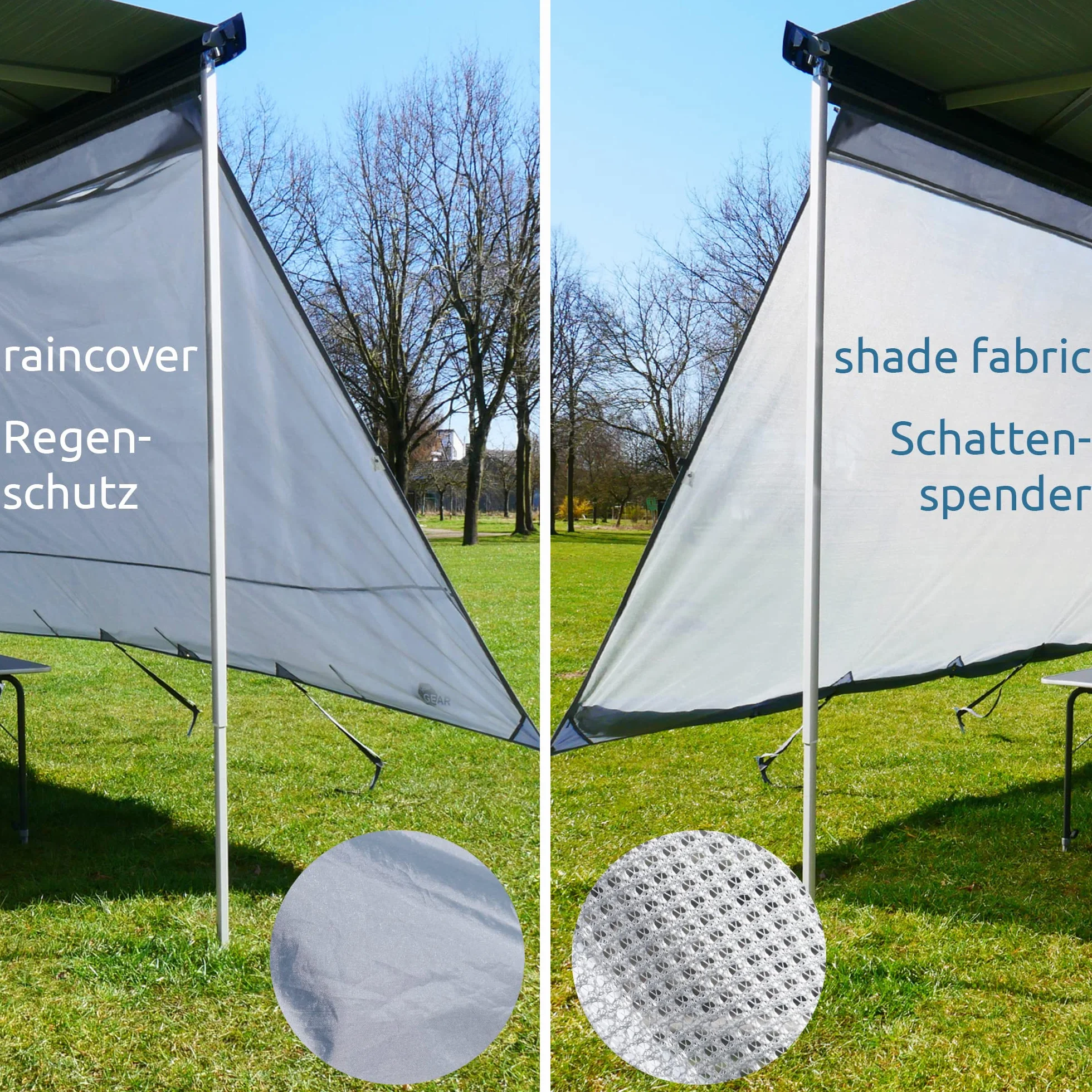 your GEAR Sun & Rain Blocker – Toldo delantero o paredes laterales para toldo, varios tamaños, protección UPF 50+, columna de agua de 5000 mm, 3 refuerzos con diámetro de 4,3, 6,2 y 7 mm, anchuras de