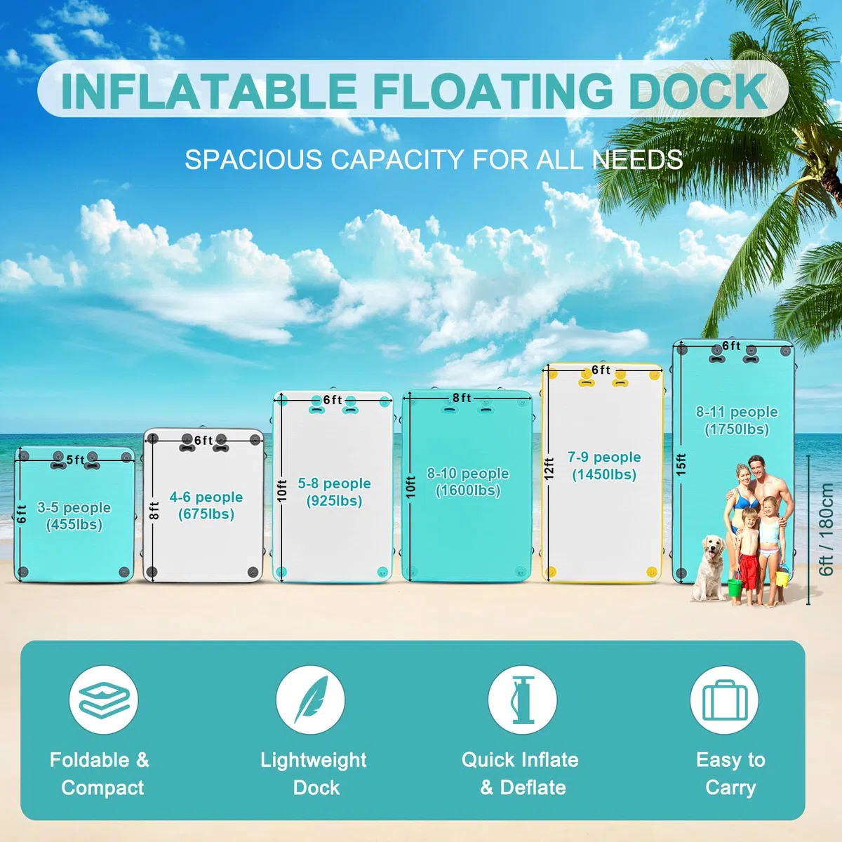 AWSUM Plataforma de Muelle Flotante Inflable, 6 x 5 pies, balsa Flotante de Isla con Superficie Antideslizante para Lago, Piscina, Playa, océano