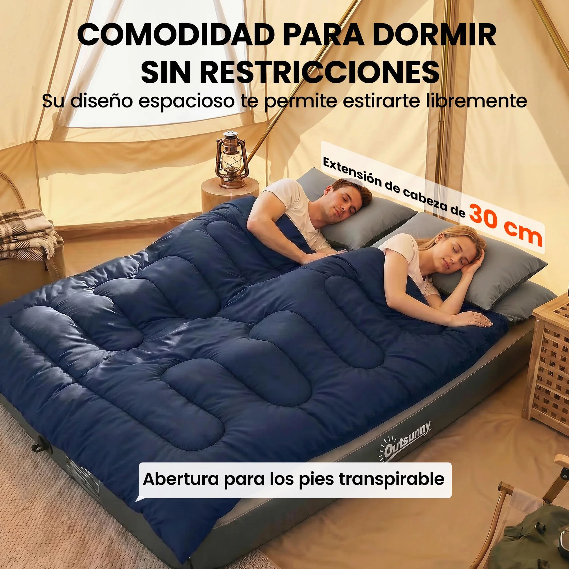 Outsunny Saco de Dormir Doble Adulto, Ligero, Tamaño Queen para 2 Personas 3 Estaciones, Saco de Dormir Rectangular con 2 Almohadas y Bolsa Transporte, para Días Fríos, Acampar, Senderismo Azul Oscuro