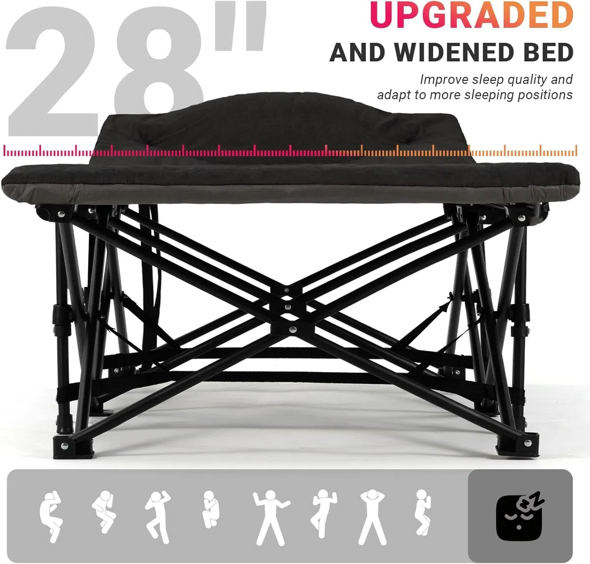 OVERMONT Cama de Camp Plegable con Colchón - Cama de Camp Plegable 190 x 70 x 40 cm - Soporta hasta 250 kg - Tela Oxford con Bolsillo Lateral - Bolsa de Transporte para Camping Jardín Oficina - Negro