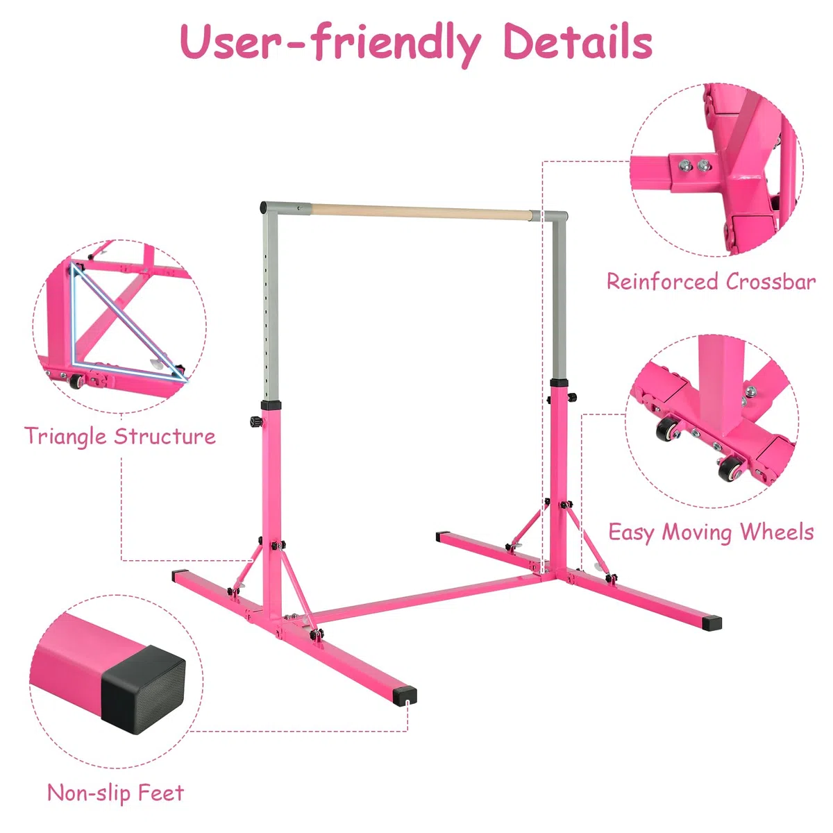 KOMFOTTEU Barra de Gimnasia para Niños, Barra Horizontal con Altura Ajustable de 13 Niveles, Barra de Entrenamiento de Metal y Madera, Equipo de Gimnasia con Carga de 100 kg
