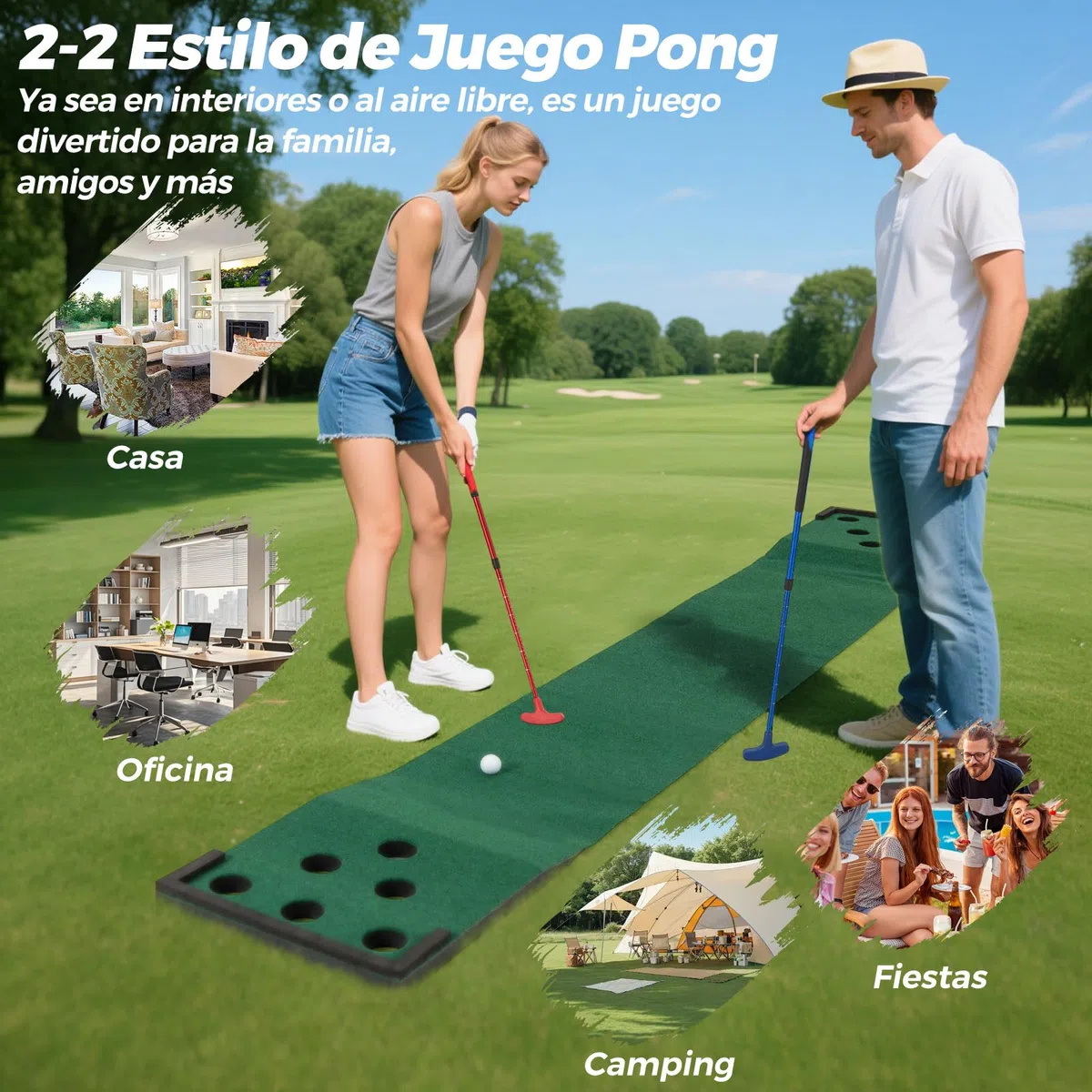 GOPLUS Alfombra de Putting, Set de Golf Pong con Putters Ajustables, Pelotas, Tapas para Hoyos para Interior y Exterior, Equipo de Entrenamiento para Casa y Oficina