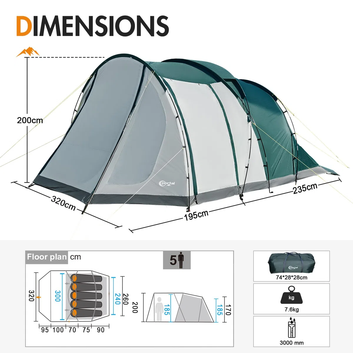PORTAL Tienda de campaña con 5 perosones, resistente al agua, 3000 mm, con toldo para ventana, 4-5 personas, tienda de campaña familiar para festivales, camping, viajes, trekking jardín