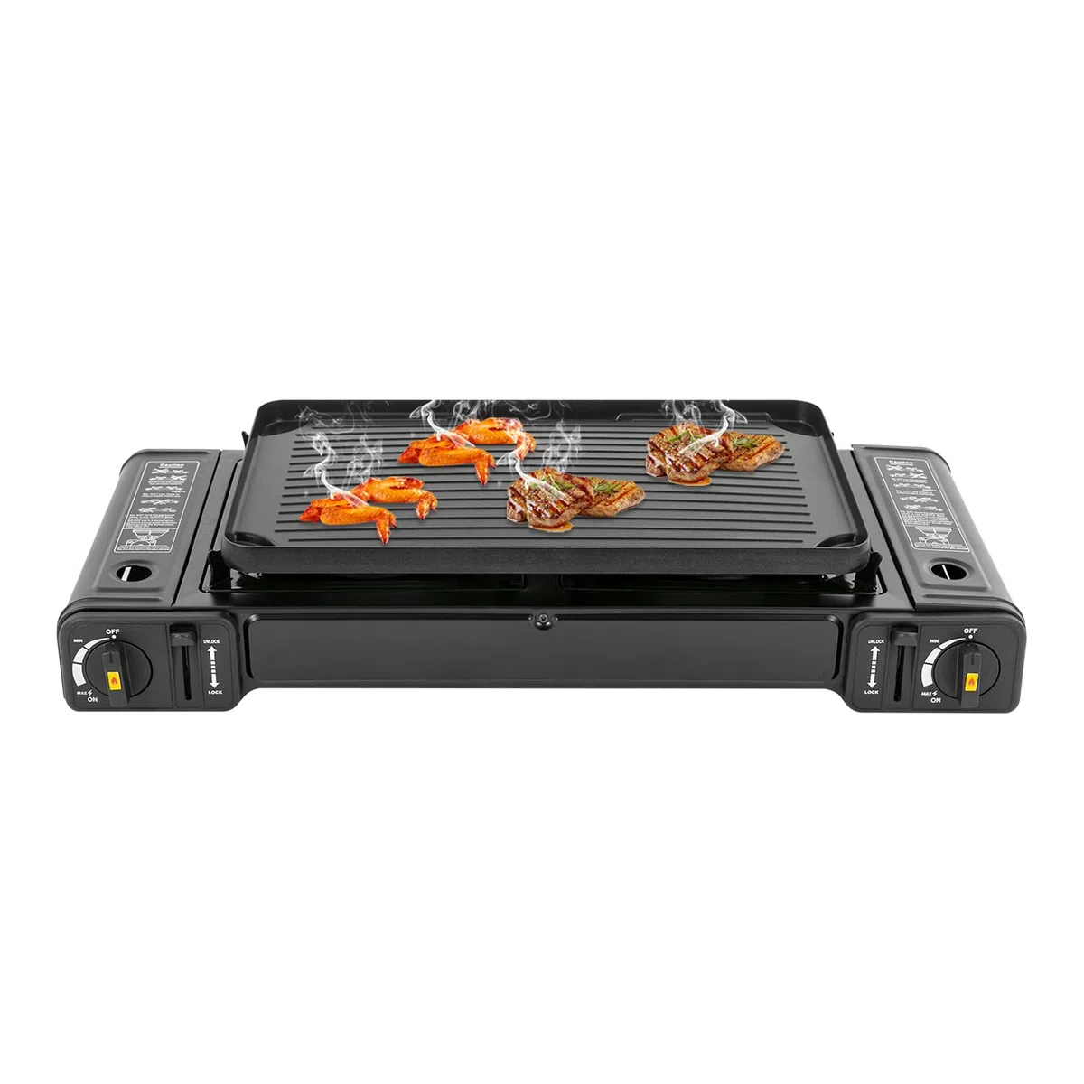 Cocina de Gas Portátil 2 en 1, LENDISIY Hornillo Camping Gas con 2 Quemadores y Placa de Parrilla, Hornillo de Gás Portátil, Barbacoa Portátil para Camping, Exterior, Interior y Jardín, Set con Maleta