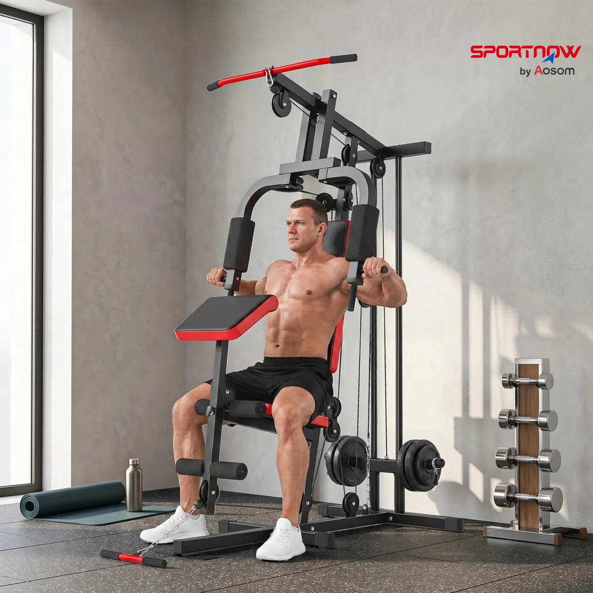 SPORTNOW Multiestación Musculación, Máquina de Musculación con Polea Alta y Baja, Prensa de Pecho, Curl de Piernas y Bíceps, Mariposa, Compatible con Discos 25 y 50 mm Carga 120 kg para Gimnasio Casa