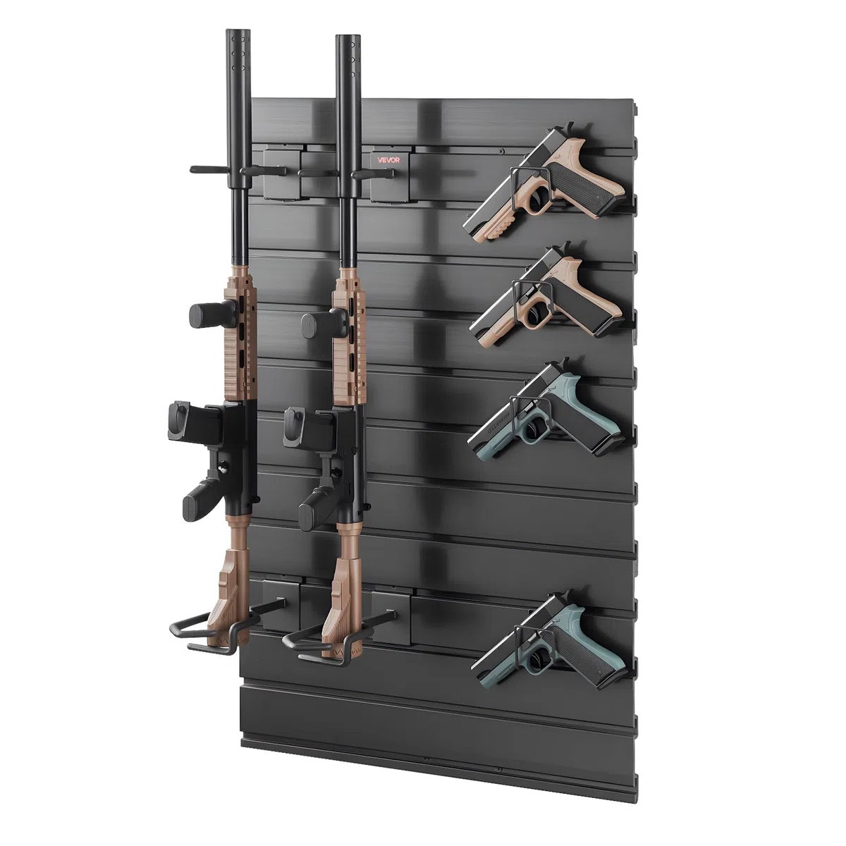 VEVOR Estante de Pared para Armas de Fuego, Soporte de Montaje en Pared, Capacidad de 2 Escopetas y 4 Pistolas, Organizador de Accesorios con Ganchos Adicionales, Acero al Carbono, para Taller Garaja