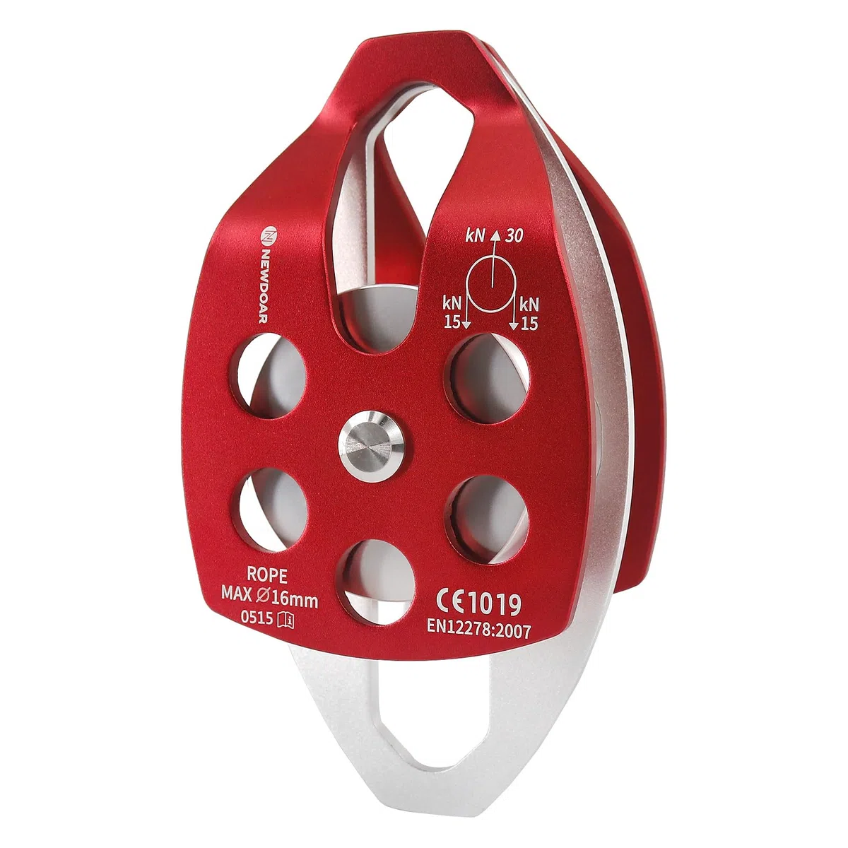 NewDoar Polea de rescate grande con certificado CE de 30 KN, doble polea con placa oscilante para alpinismo al aire libre, rescate de escalada en roca (rojo, 1 unidad)