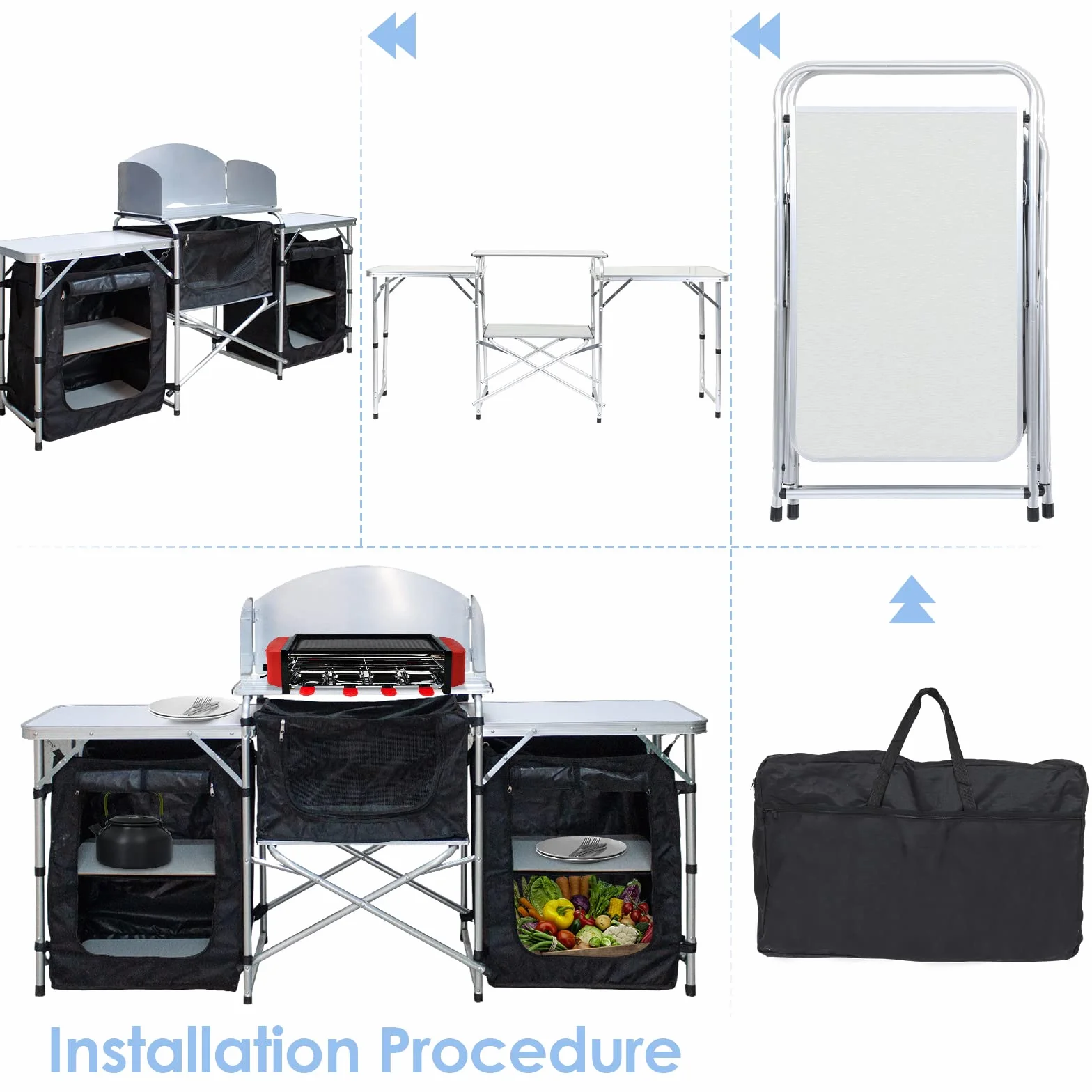 Cocina de camping con protección contra salpicaduras, armario de camping con bolsa de transporte, armario plegable con estructura de aluminio, cocina para camping al aire libre