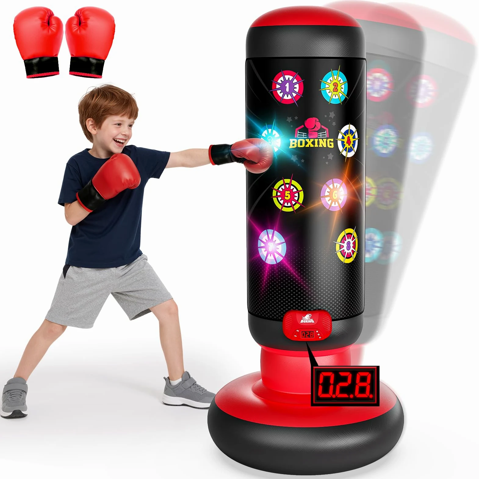 Saco de boxeo para niños, saco de boxeo de pie con música y luz, saco de boxeo interactivo, saco de boxeo hinchable con guante de boxeo, regalos para 6, 7, 8, 9, 10, 11, 12 años, niños, 2026