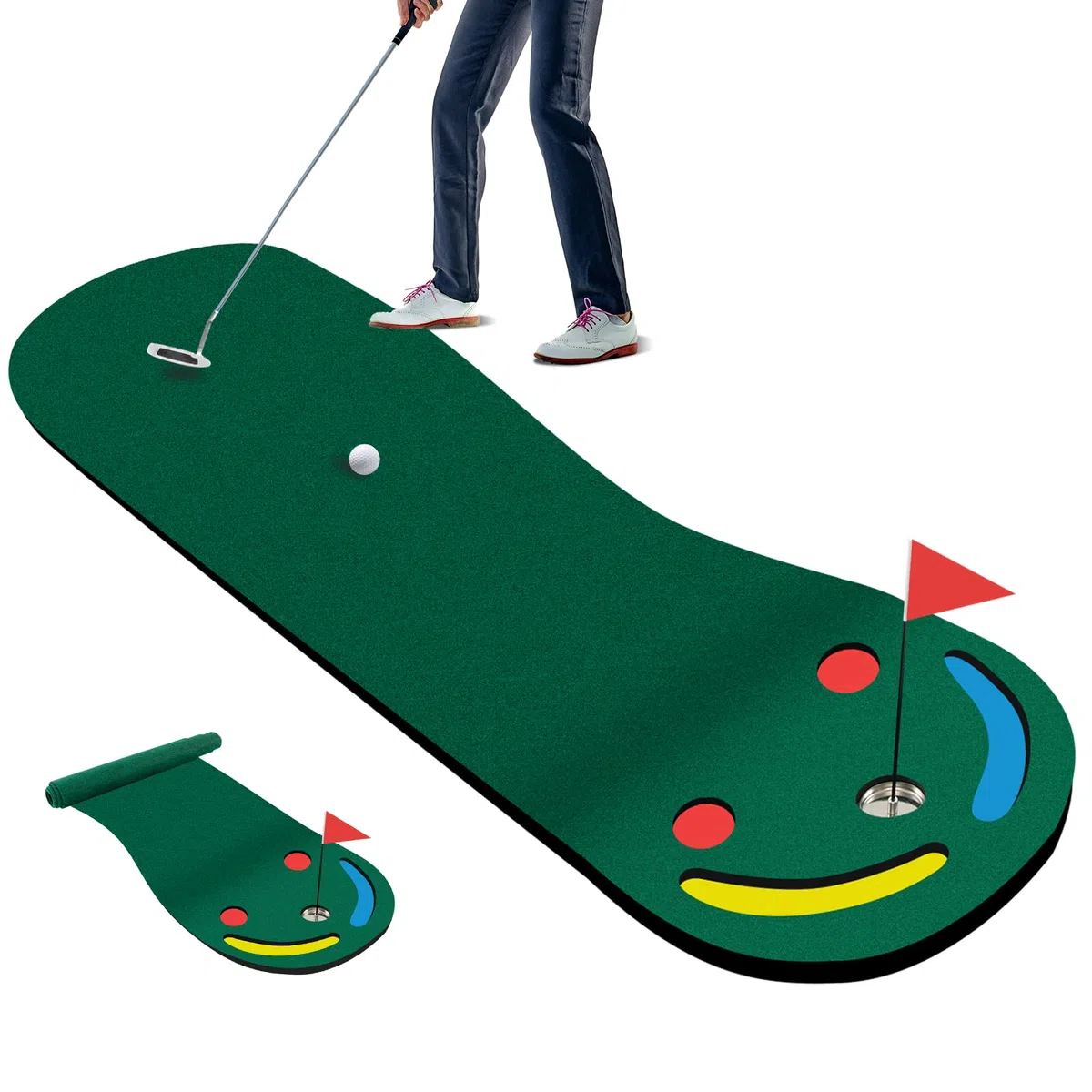 GYMAX Tapete De Golf De 3 Hoyos De 300 x 96 cm con Taza Y Bandera De Ayuda para El Entrenamiento, Tapete De Entrenamiento De Práctica De Golf Portátil para Interiores Y Exteriores