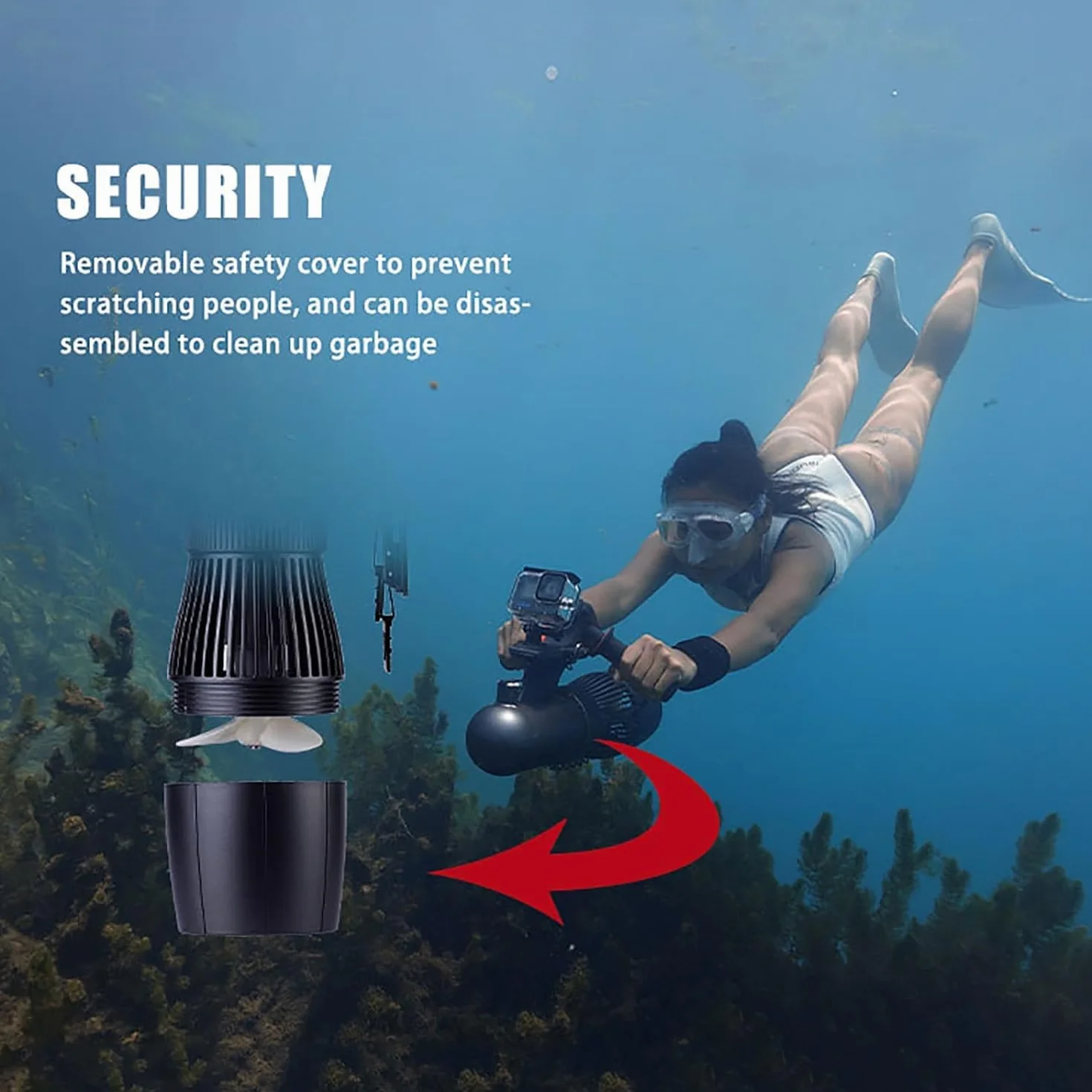 Camolech Patinete Eléctrico Subacuático de 700W, Patinete Marino de Buceo Libre de 40M y Esnórquel, Patinete de Agua con Motor Sin Escobillas, Batería Desmontable de 60 Minutos para Piscina (700W