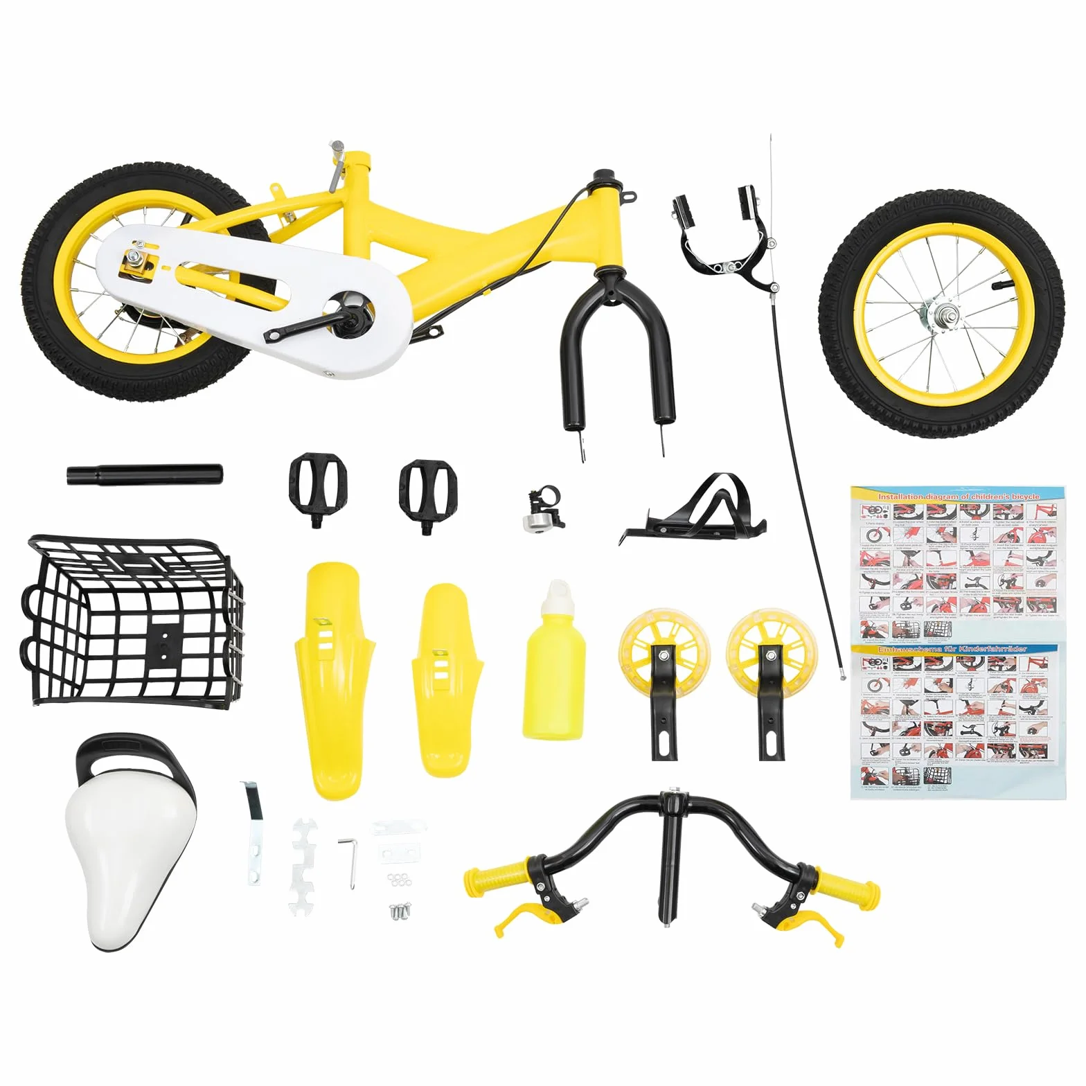 Bicicleta infantil de 12 pulgadas con ruedas estabilizadoras, bicicleta amarilla para niños y niñas a partir de 3 – 6 años, altura regulable, doble freno, marco de acero, con cesta y portaequipajes