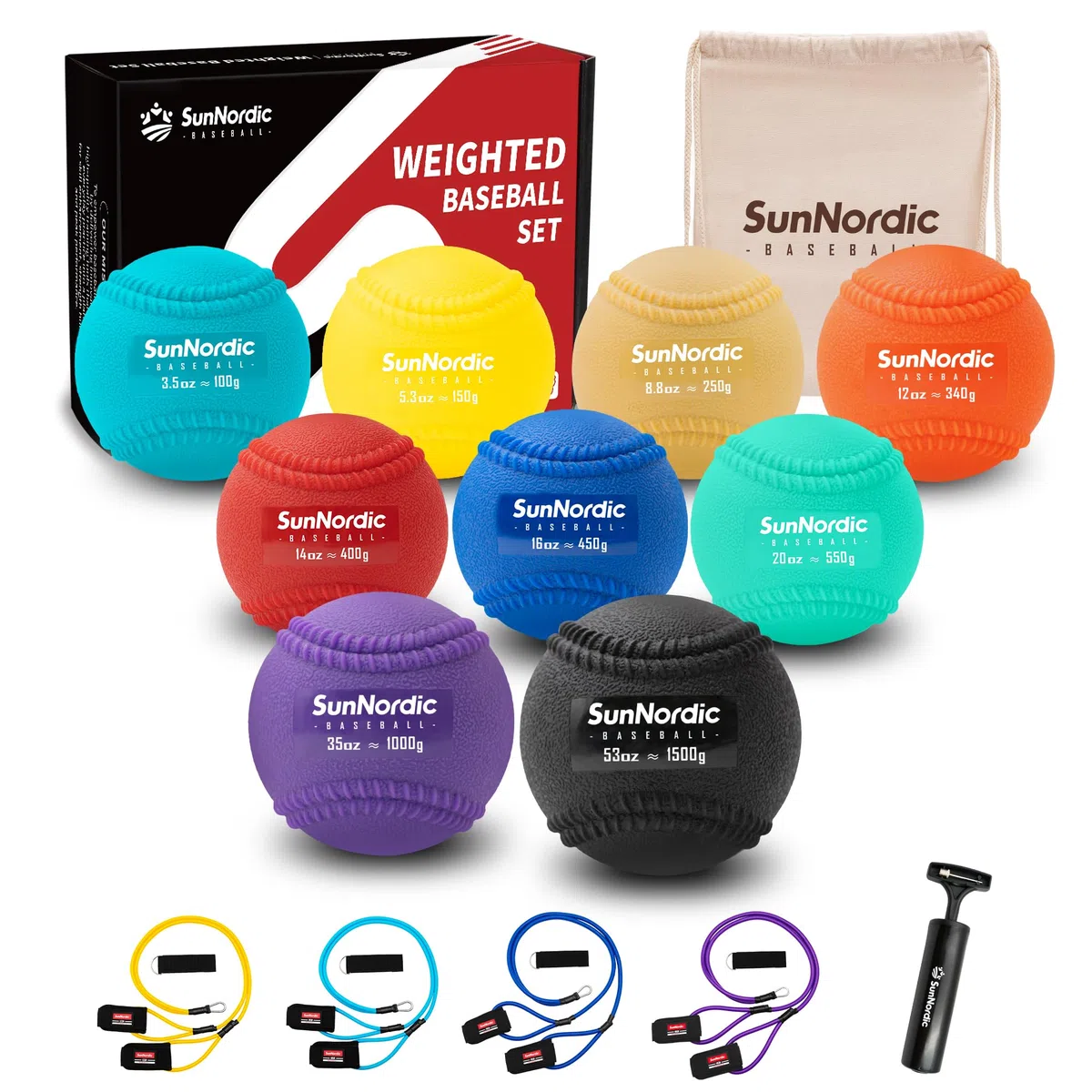 SunNordic Juego de 9 pelotas de béisbol pliométricas con peso (3.5-16/35/53/70 onzas) – Pelotas de béisbol pliométricas de peso variable para mejorar la potencia y el entrenamiento de lanzamiento,