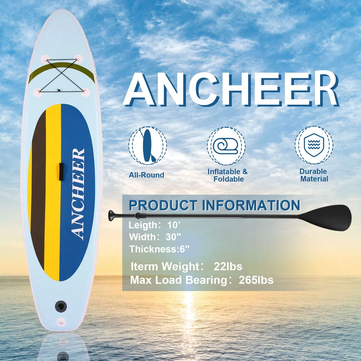 ANCHEER Ama005784_y@, Tabla Paddle Surf Hinchable Unisex Adulto, Amarillo, 10 X 30 X 6