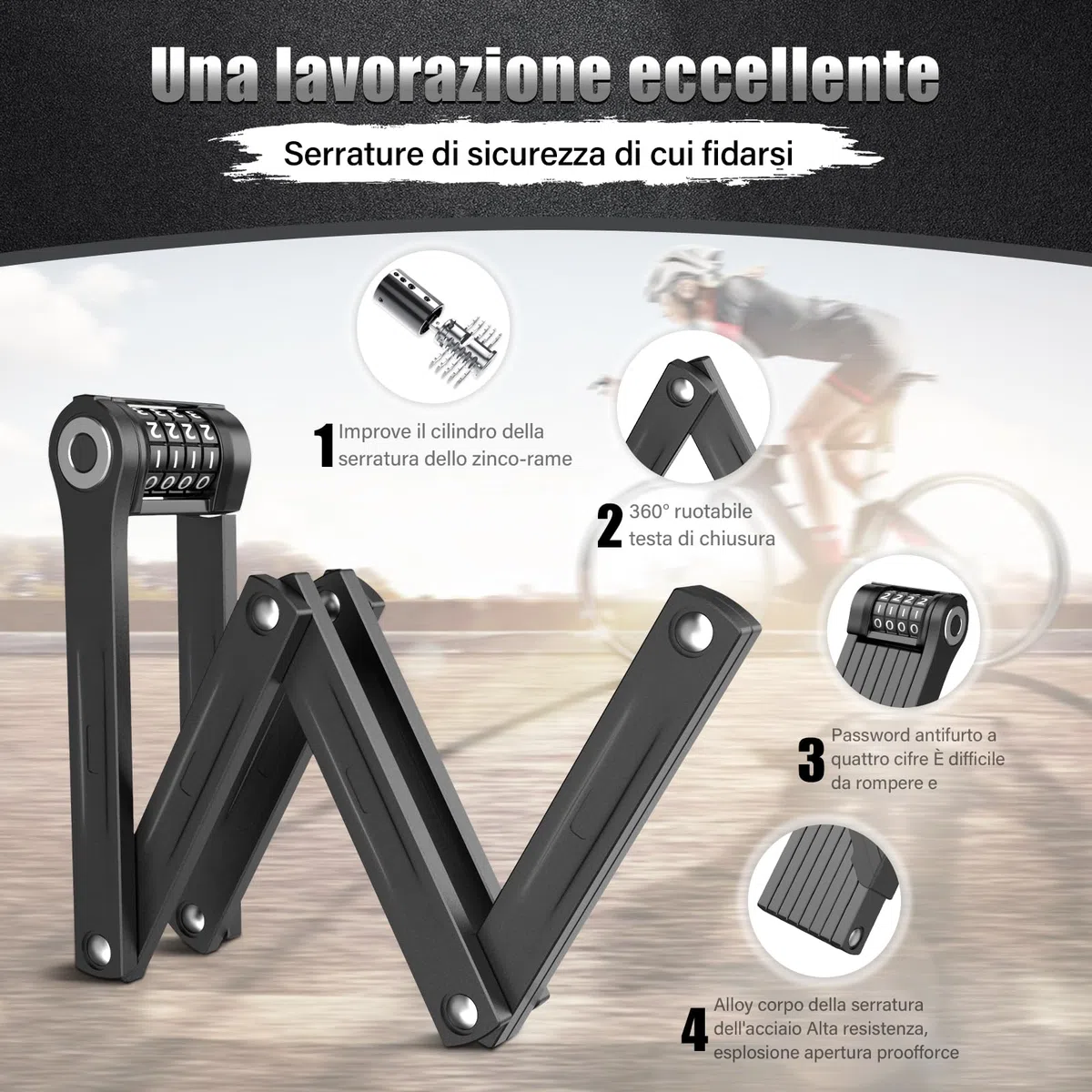 IMAYCC Candado Combinación Bicicleta Plegable, 120CM Candado Bicicleta Antirrobo, Robusto Candado de Bicicleta Plegable, Para E-bike, Bicicleta de Carretera, Motocicleta, MTB, Etc.