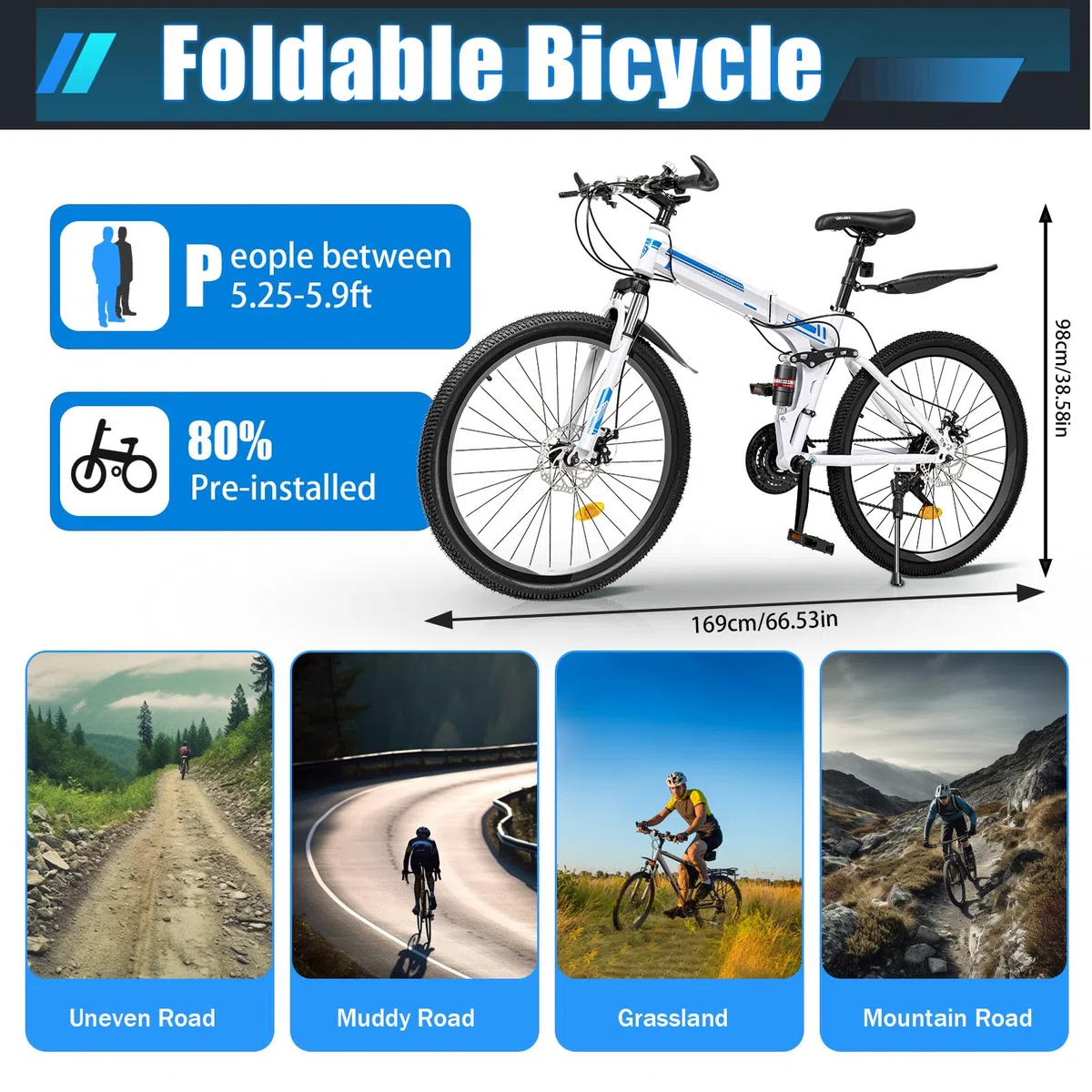 Bicicleta plegable de 26 pulgadas para adultos, bicicleta plegable de 21 velocidades, de acero al carbono, altura ajustable, para exteriores, para alturas de 5,25 a 5,9 pies