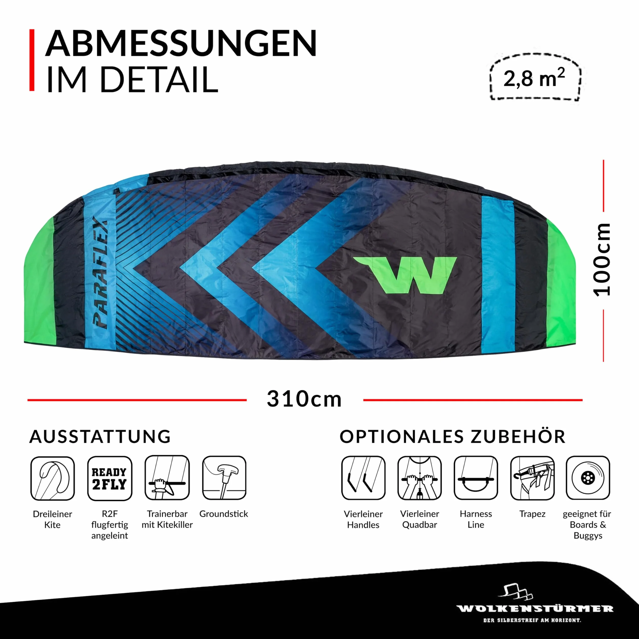 Wolkenstürmer Paraflex Trainer - Alfombra de dirección 3 l 3.1 (Verde/Naranja) - Cometa Lista para Volar 310 cm con Barra de Entrenamiento - Kite & Windtrainer