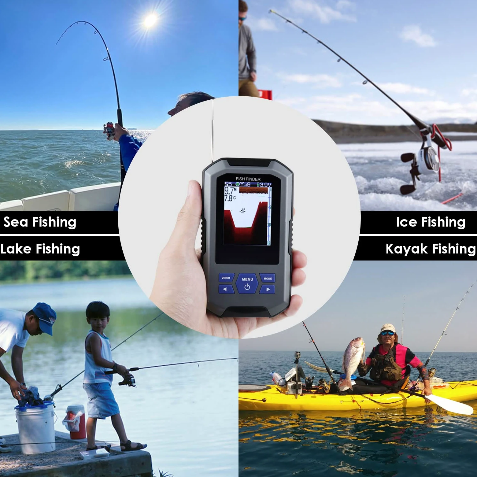 Localizador de Peces Inalámbrico Sensor de Sonda 125kHz Frecuencia 45 Metros / 147 Pies Profundidad Alarma Función y Largo LCD Monitor
