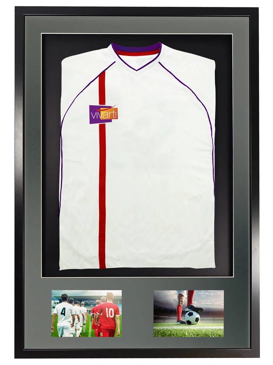 Vivarti DIY Junior 3D Montado + Marco de exhibición de camisa deportiva de doble apertura para camisa de fútbol, tamaño, 59,4 x 84 cm, marco negro, soporte plateado, tarjeta trasera negra