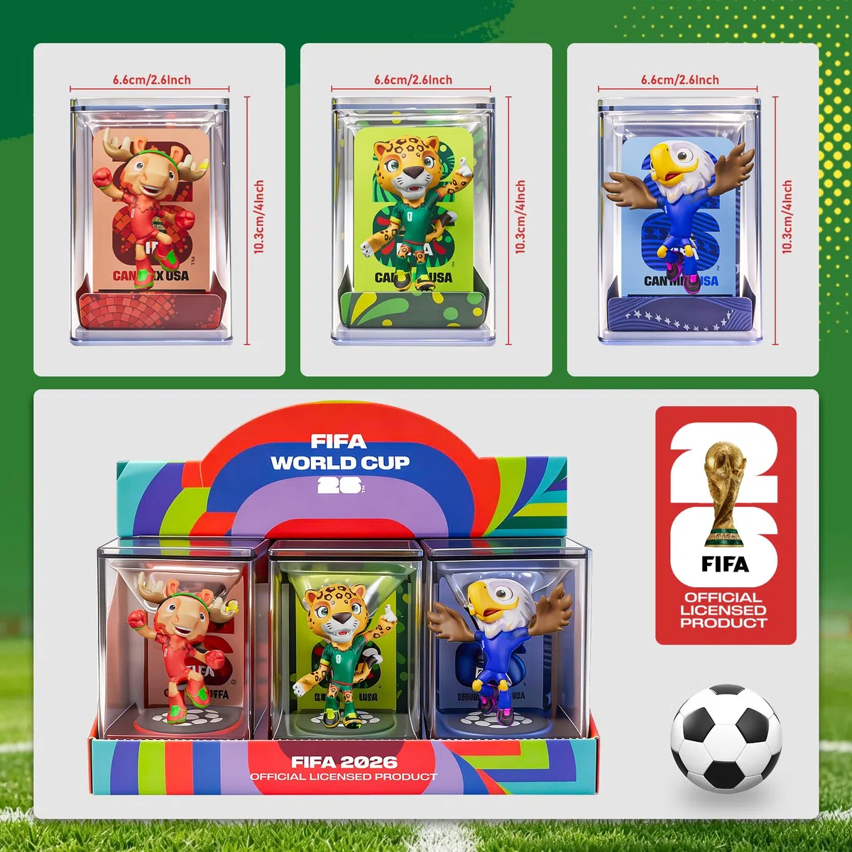 Sanyetral FIFA World Cup 2026 3PCS Figuras de Mascota,Copa Mundial de fútbol Juego de Conjunto Base B (6 cm) para Exhibición, Incluye Clutch, Zayu, Maple