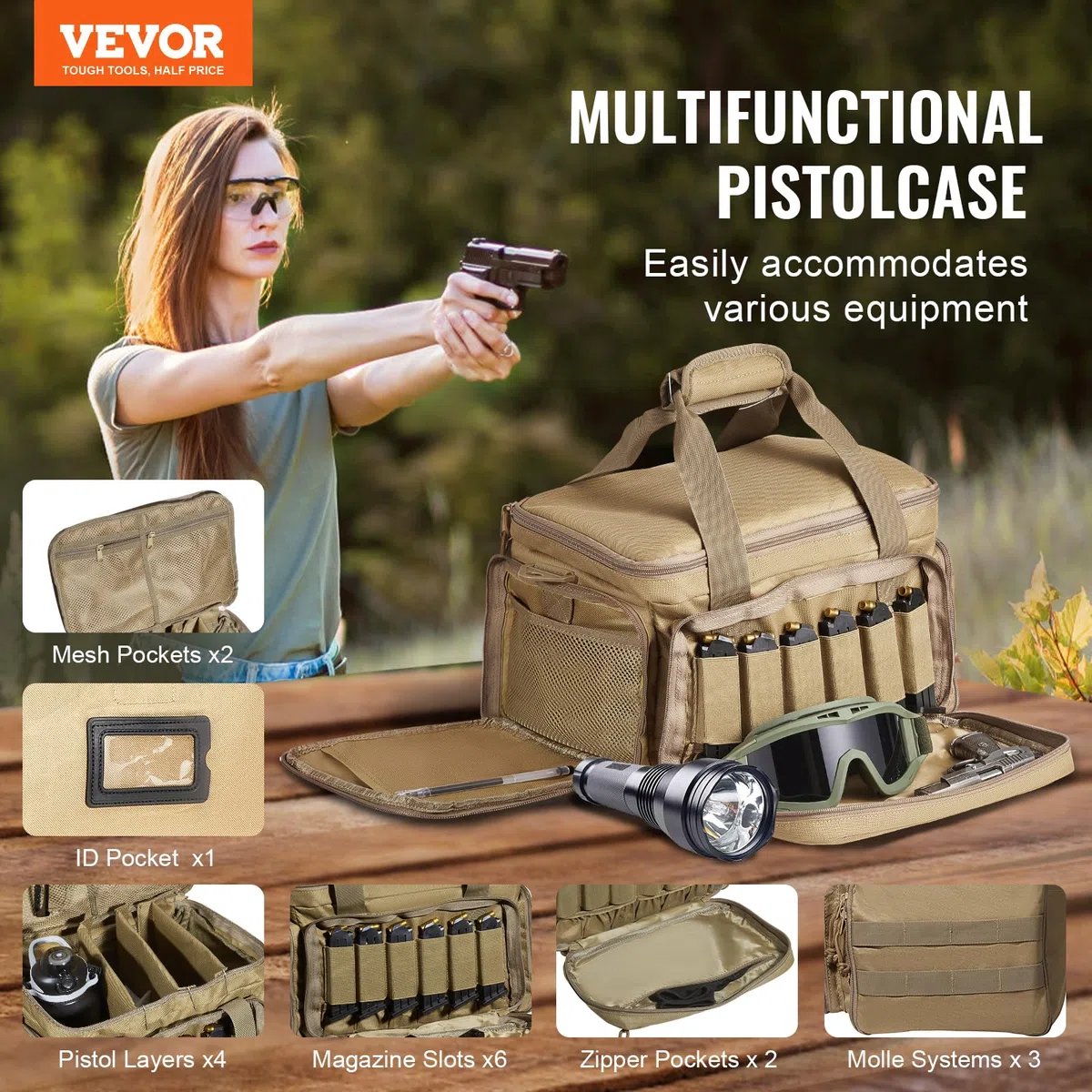 VEVOR Estuche Blando para 4 Pistolas Bolsa para Pistola con 3 Deflectores Desmontables y 6 Cargadores Bolsa de Arma con Una Sola Tira para el Hombro para Campo de Tiro de Caza al Aire Libre, Marrón